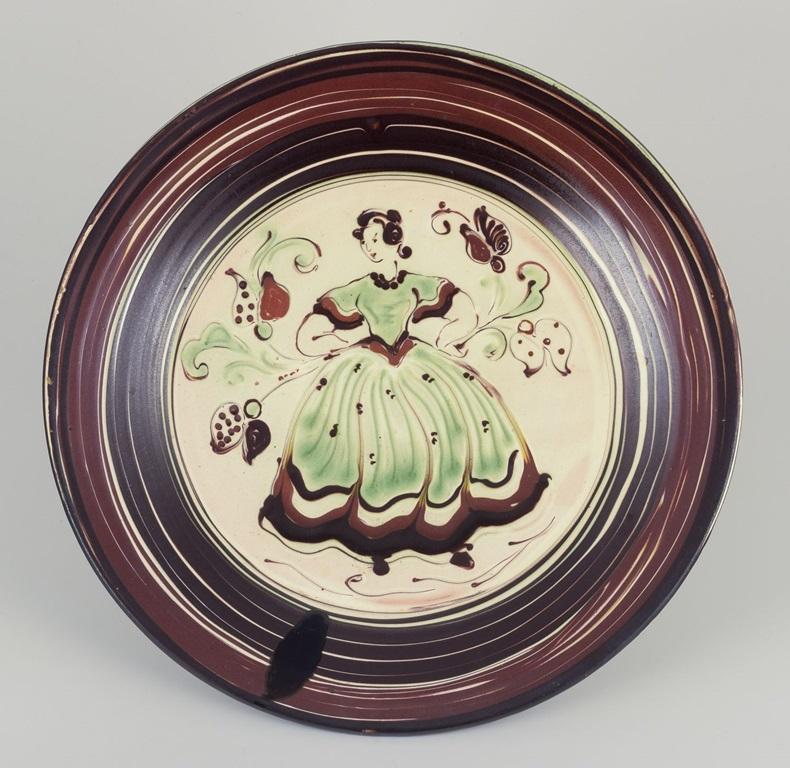 Danish Kähler, Denmark. Large ceramic dish with motif of a dancing woman. For Sale