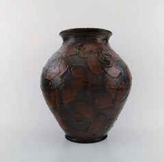 Kähler, Denmark, Large Vase in Glazed Ceramics, Maroon Leaves on Blue Base