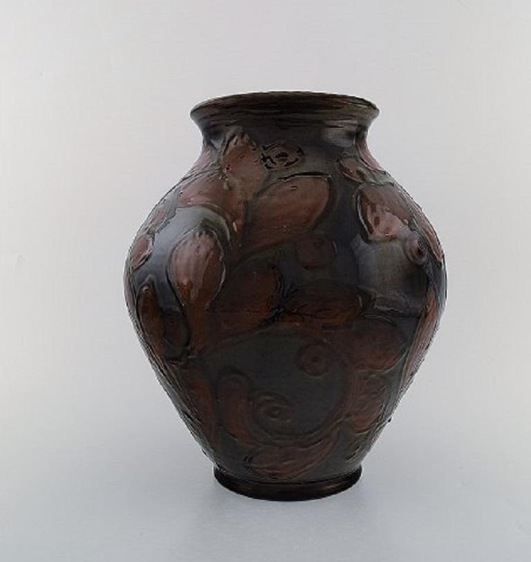 Art Deco Kähler, Denmark, Large Vase in Glazed Ceramics, Maroon Leaves on Blue Base