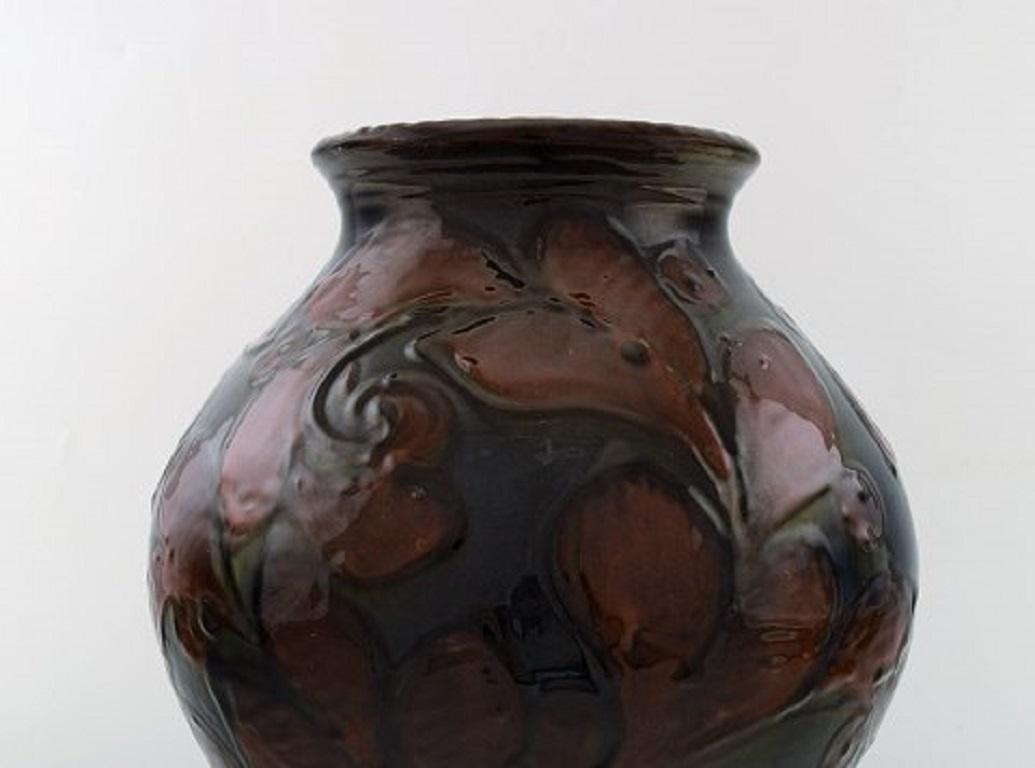 Danish Kähler, Denmark, Large Vase in Glazed Ceramics, Maroon Leaves on Blue Base