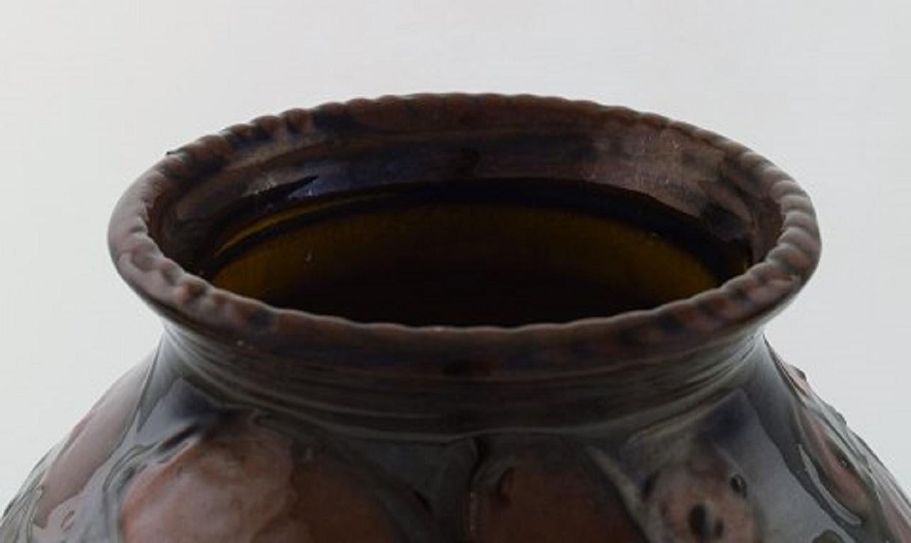Mid-20th Century Kähler, Denmark, Large Vase in Glazed Ceramics, Maroon Leaves on Blue Base