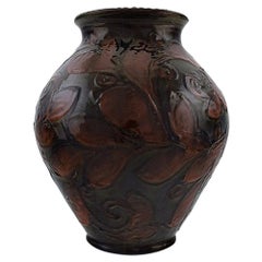 Kähler, Denmark, Large Vase in Glazed Ceramics, Maroon Leaves on Blue Base