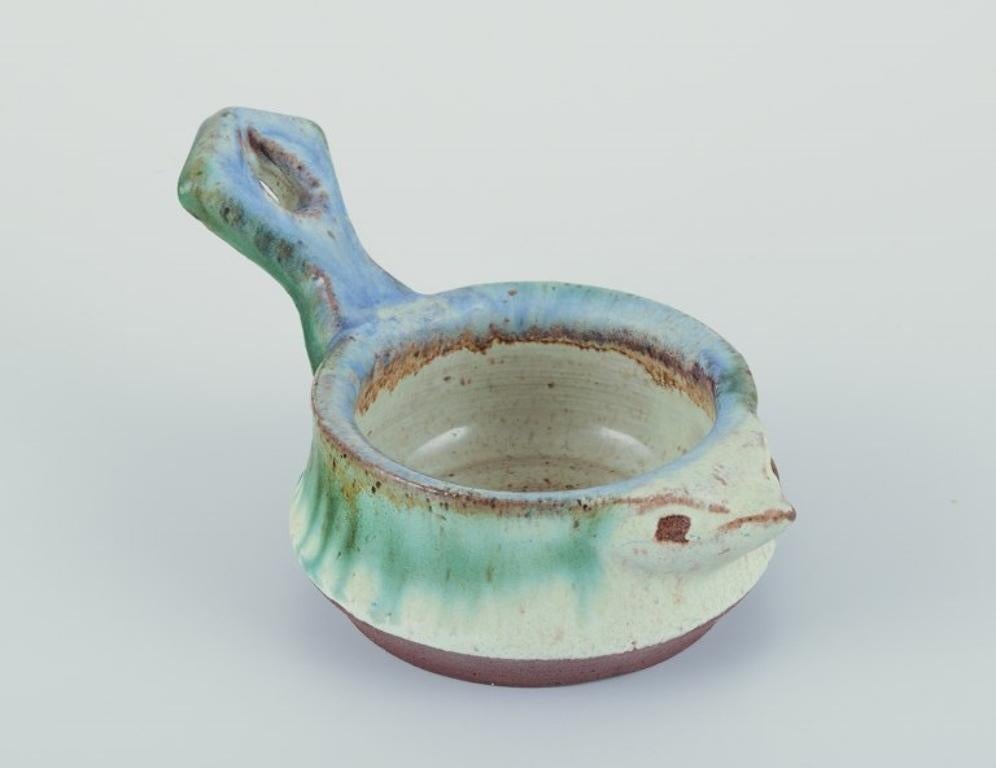 Glazed Kähler, Denmark. Small vase and small bowl with handle shaped like a bird. For Sale