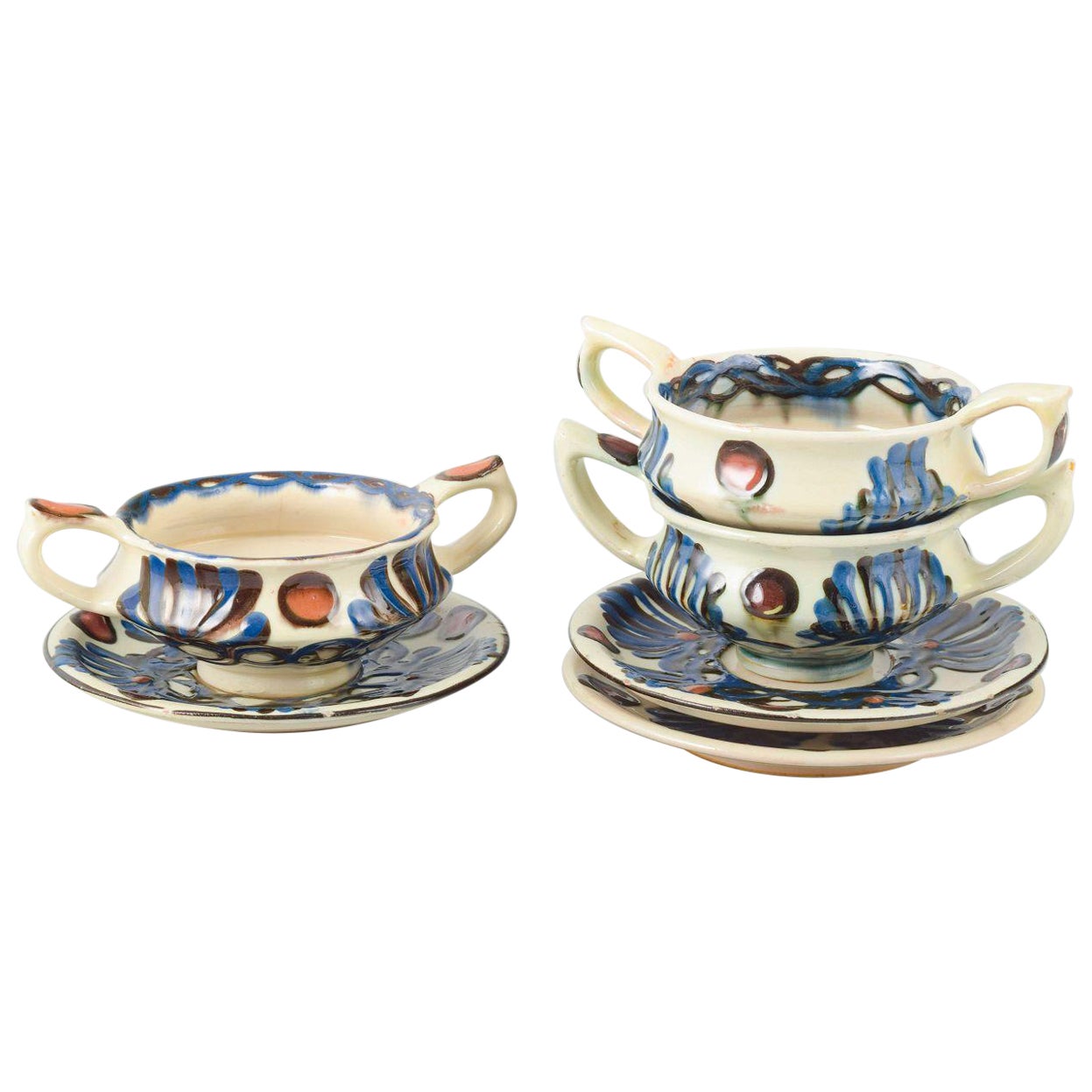 Kähler, Denmark. Three ceramic bouillon cups with matching saucers. 1930s/40s For Sale