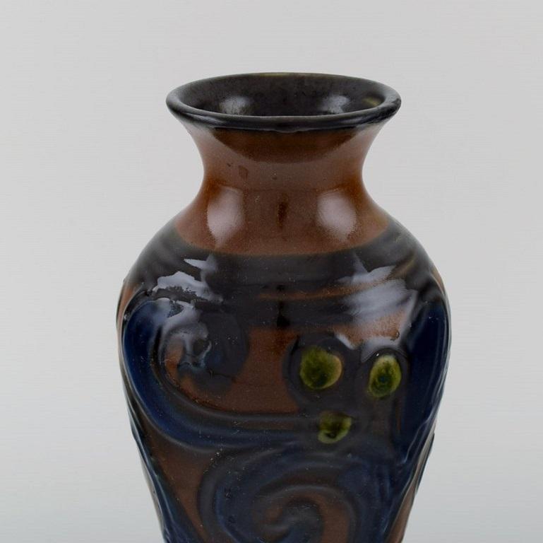 Danish Kähler, Denmark, Vase in Glazed Stoneware, Blue Foliage on a Brown Background For Sale