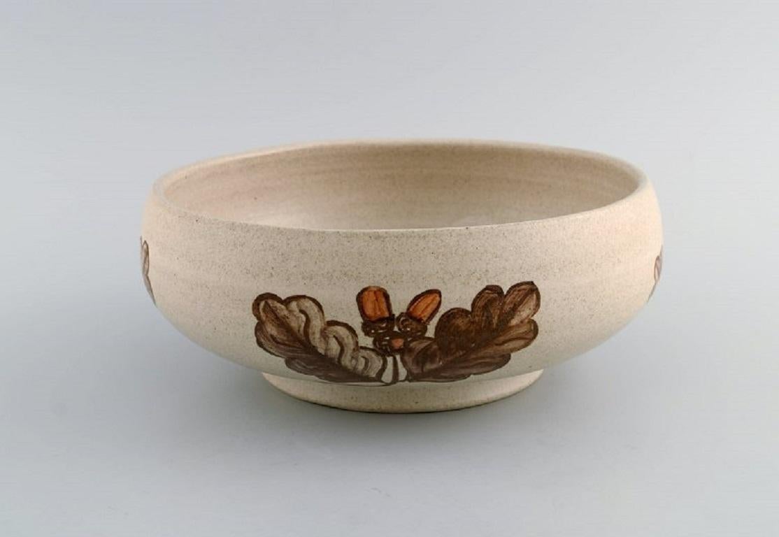 Scandinavian Modern Kähler, HAK. Glazed ceramic bowl with hand-painted leaves and acorns. 1960s. For Sale