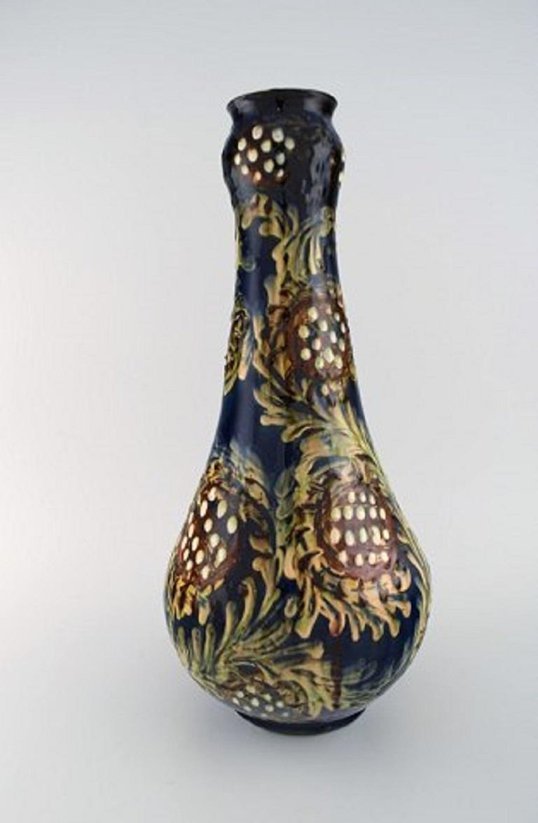 Art Deco Kähler, HAK, Large Vase in Glazed Stoneware, Flowers on Blue Background For Sale