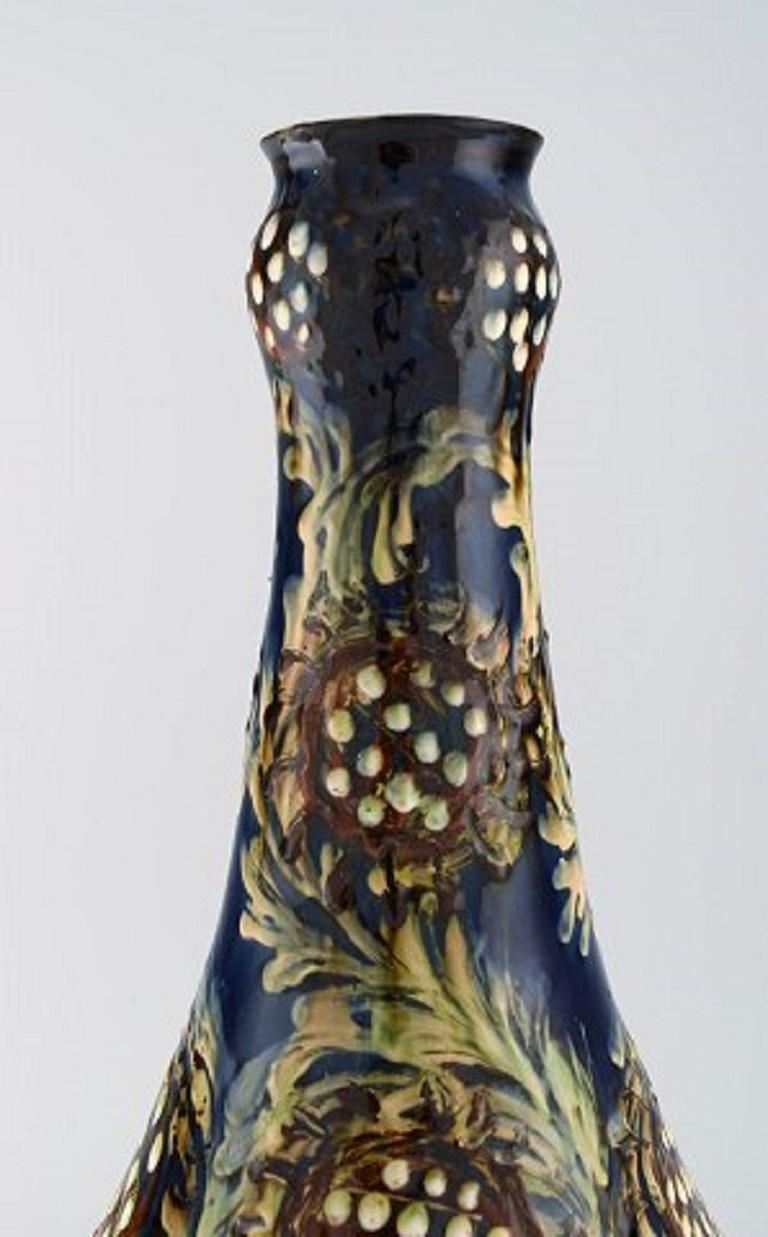 Danish Kähler, HAK, Large Vase in Glazed Stoneware, Flowers on Blue Background For Sale