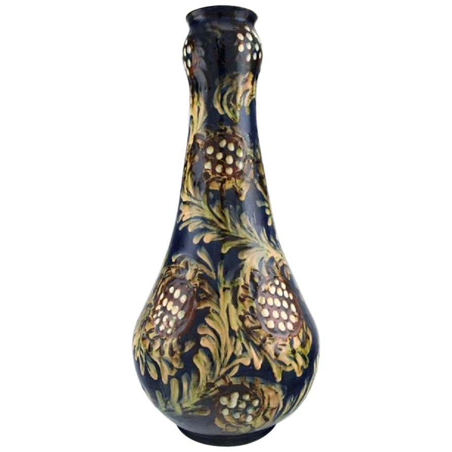 Kähler, HAK, Large Vase in Glazed Stoneware, Flowers on Blue Background For Sale