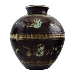 Kähler, HAK, Vase in Glazed Ceramics, Green Flowers on Dark Base, 1930s-1940s