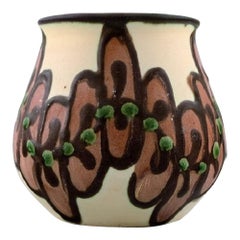 Kähler, HAK, Vase in Glazed Ceramics, Maroon Flowers on Light Base, 1930s-1940s