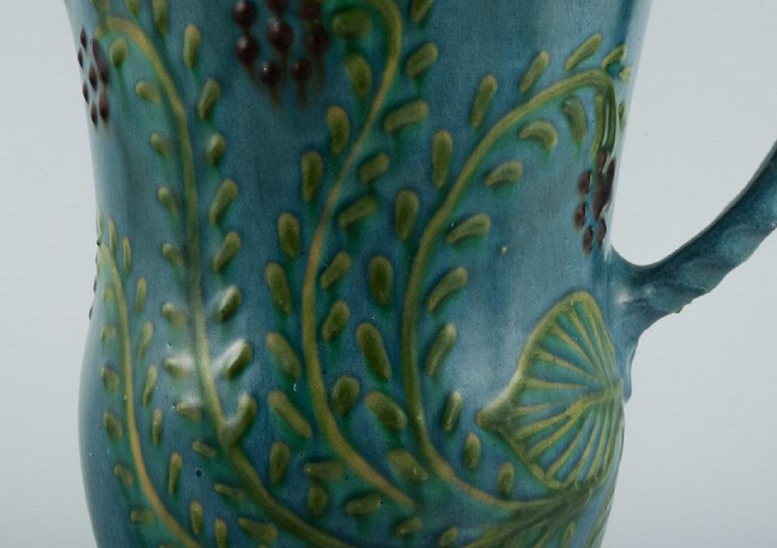 Kähler Jug in Glazed Ceramic, Decorated with Flowers on a Blue Background In Excellent Condition In Copenhagen, DK
