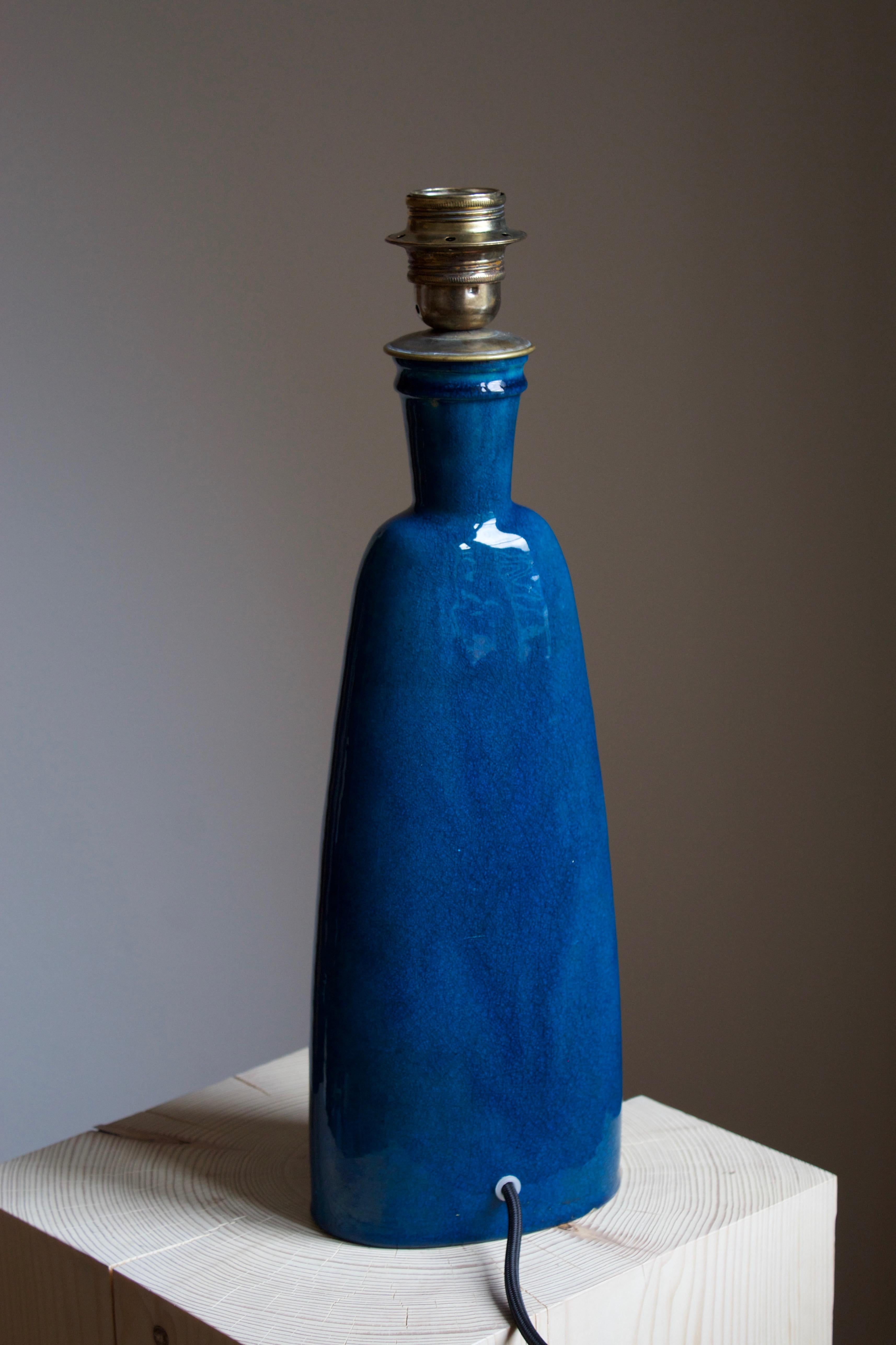 Danish Kähler, Large Table Lamp, Blue Glazed Earthenware, Linen, Denmark, 1930s