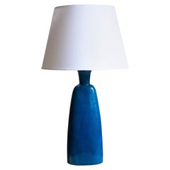 Kähler, Large Table Lamp, Blue Glazed Earthenware, Linen, Denmark, 1930s