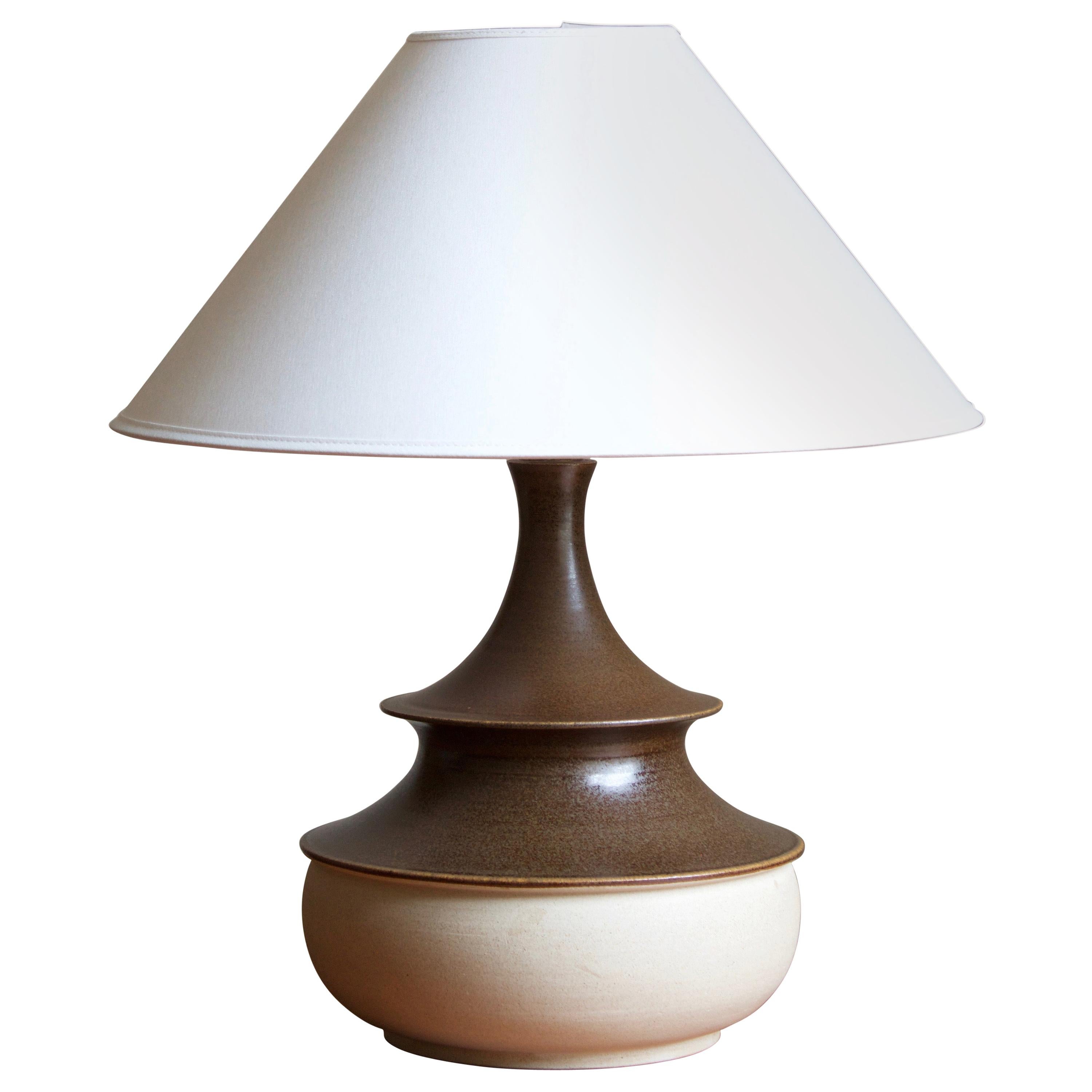 Kähler, Large Table Lamp, Brown-White Glazed Earthenware, Denmark, 1950s