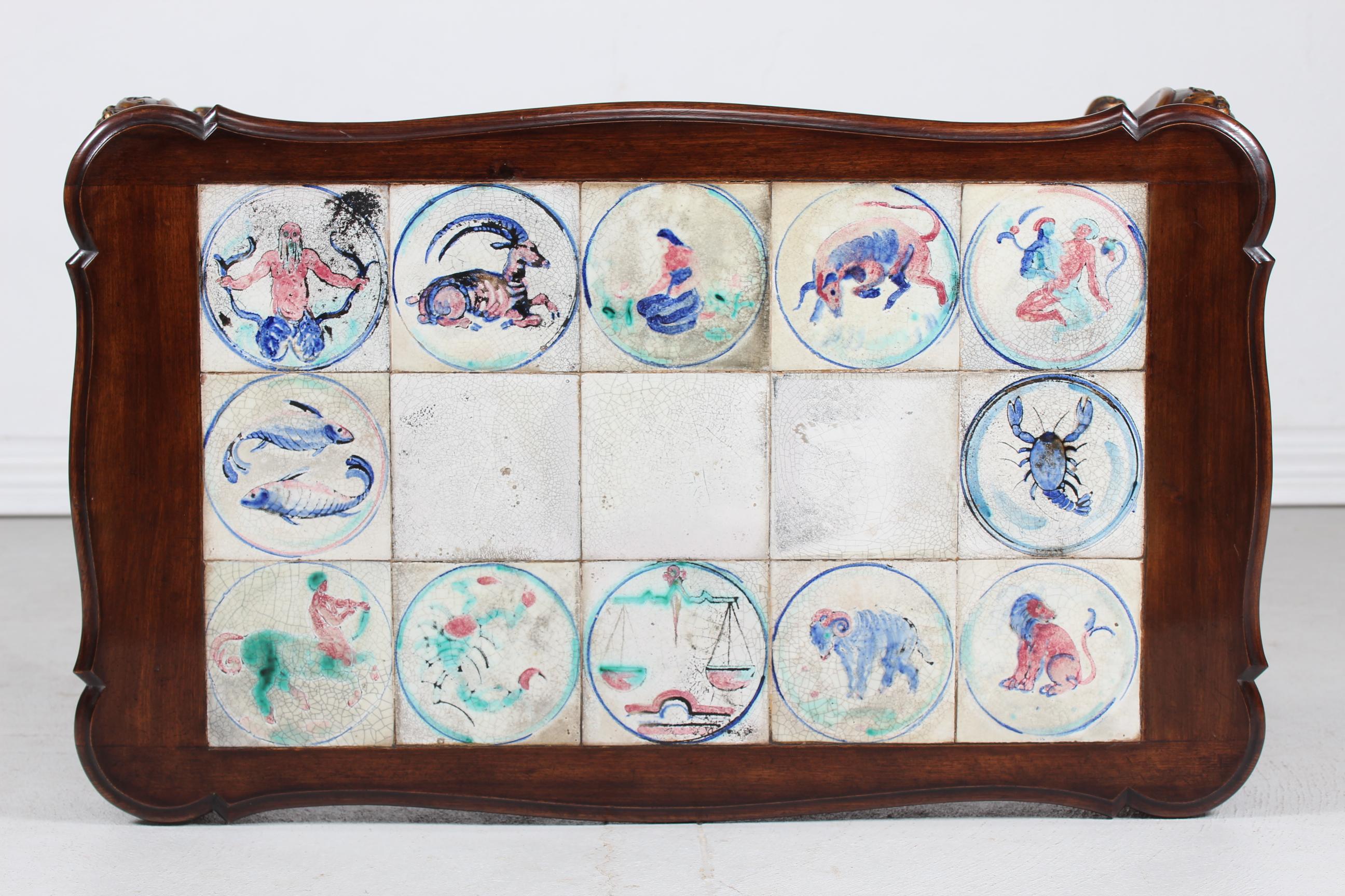 Kähler Rococo Style Table with Zodiac Signs Tiles by Jens Thirslund, 1930s In Good Condition For Sale In Aarhus C, DK