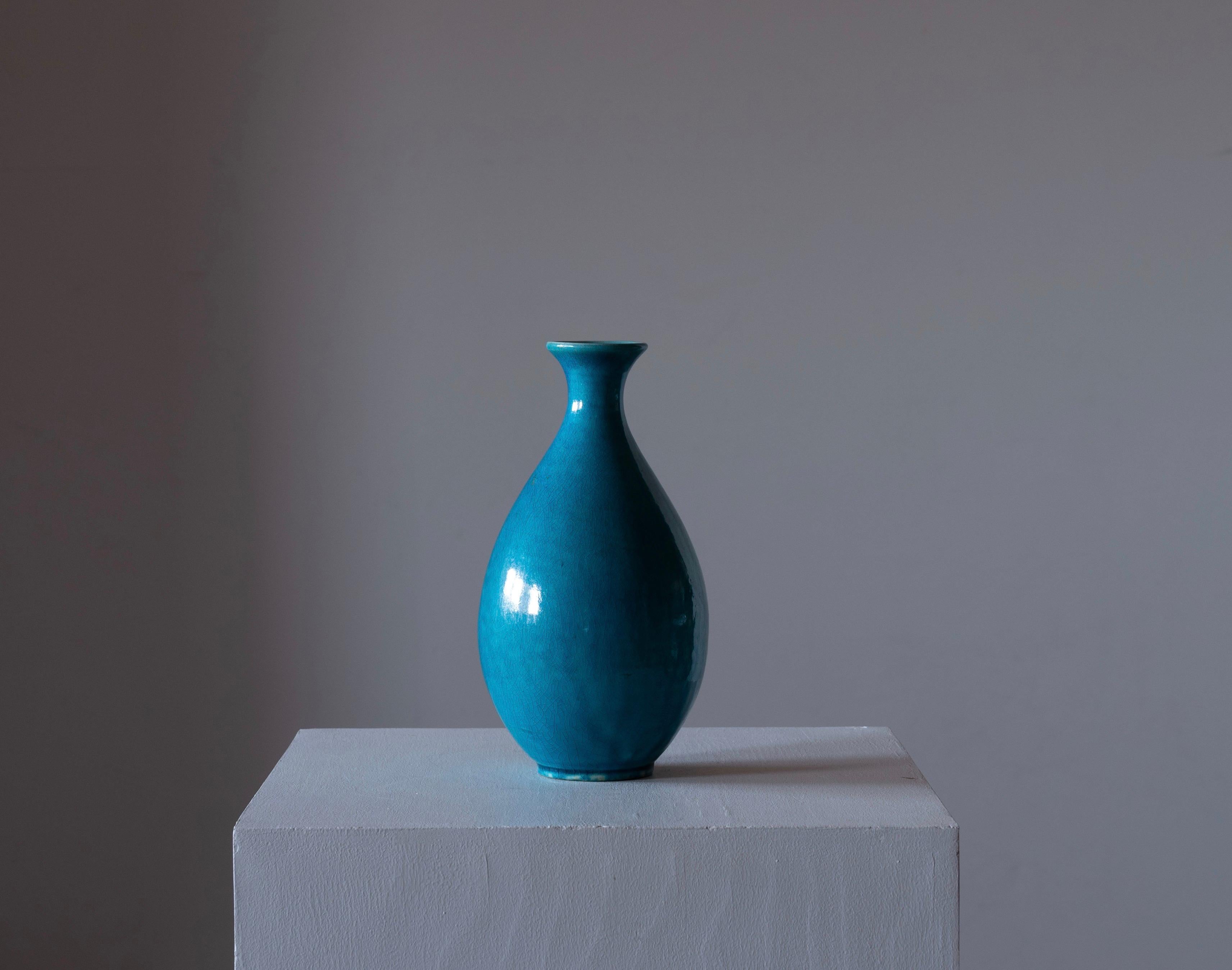 Scandinavian Modern Kähler, Vase, Blue Glazed Earthenware, Denmark, C. 1940s