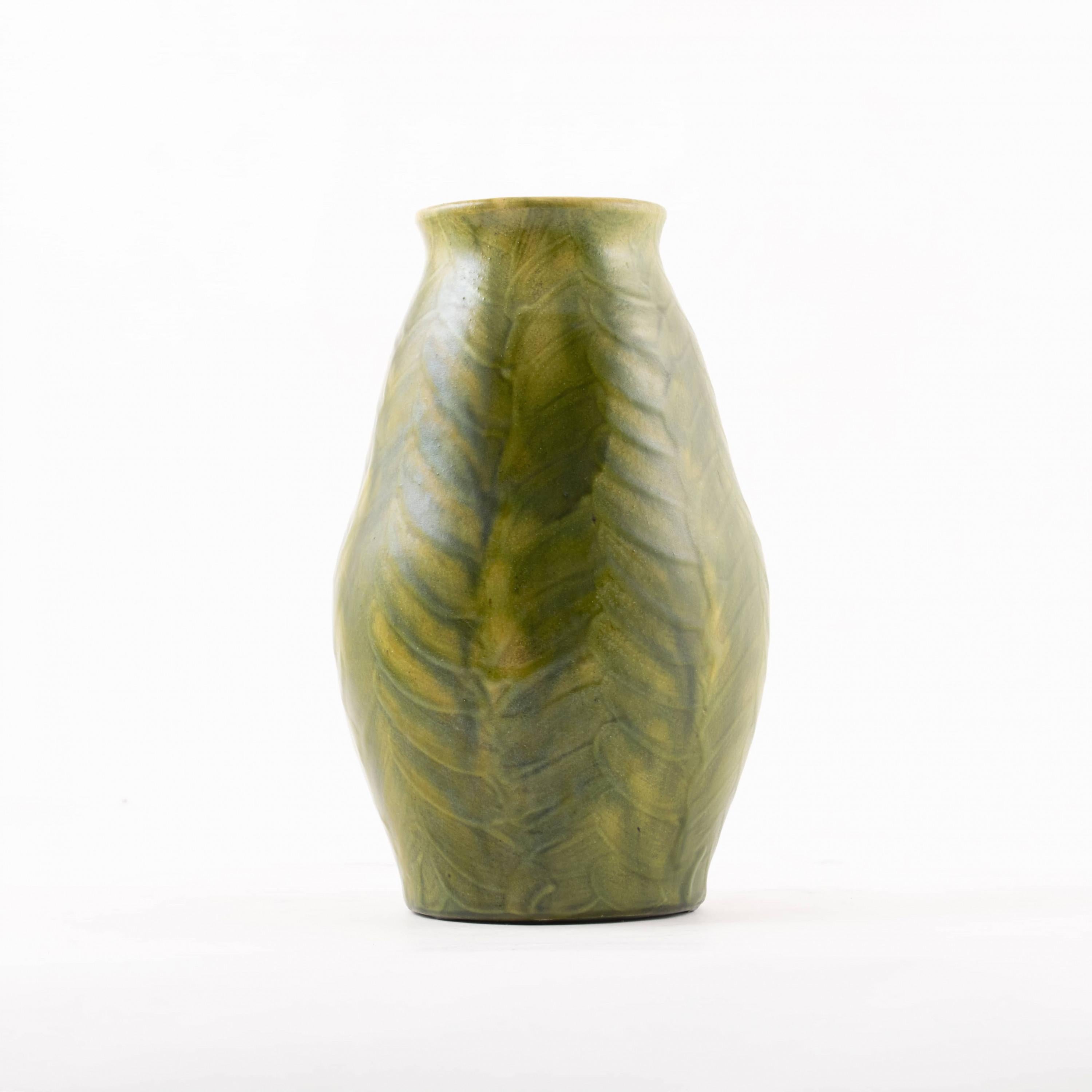 Scandinavian Modern Kähler Vase Green Glazed with Leaves For Sale