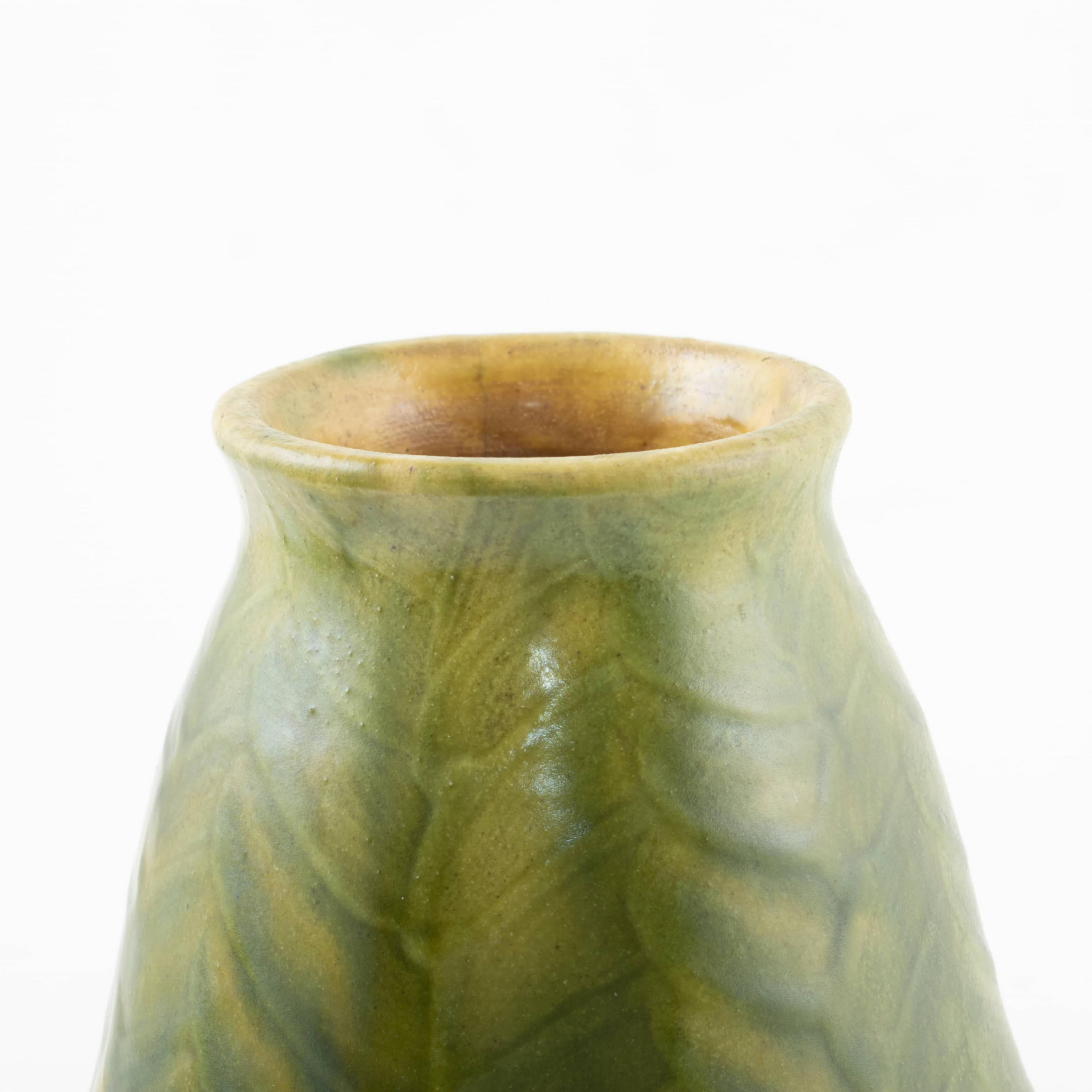 Danish Kähler Vase Green Glazed with Leaves For Sale