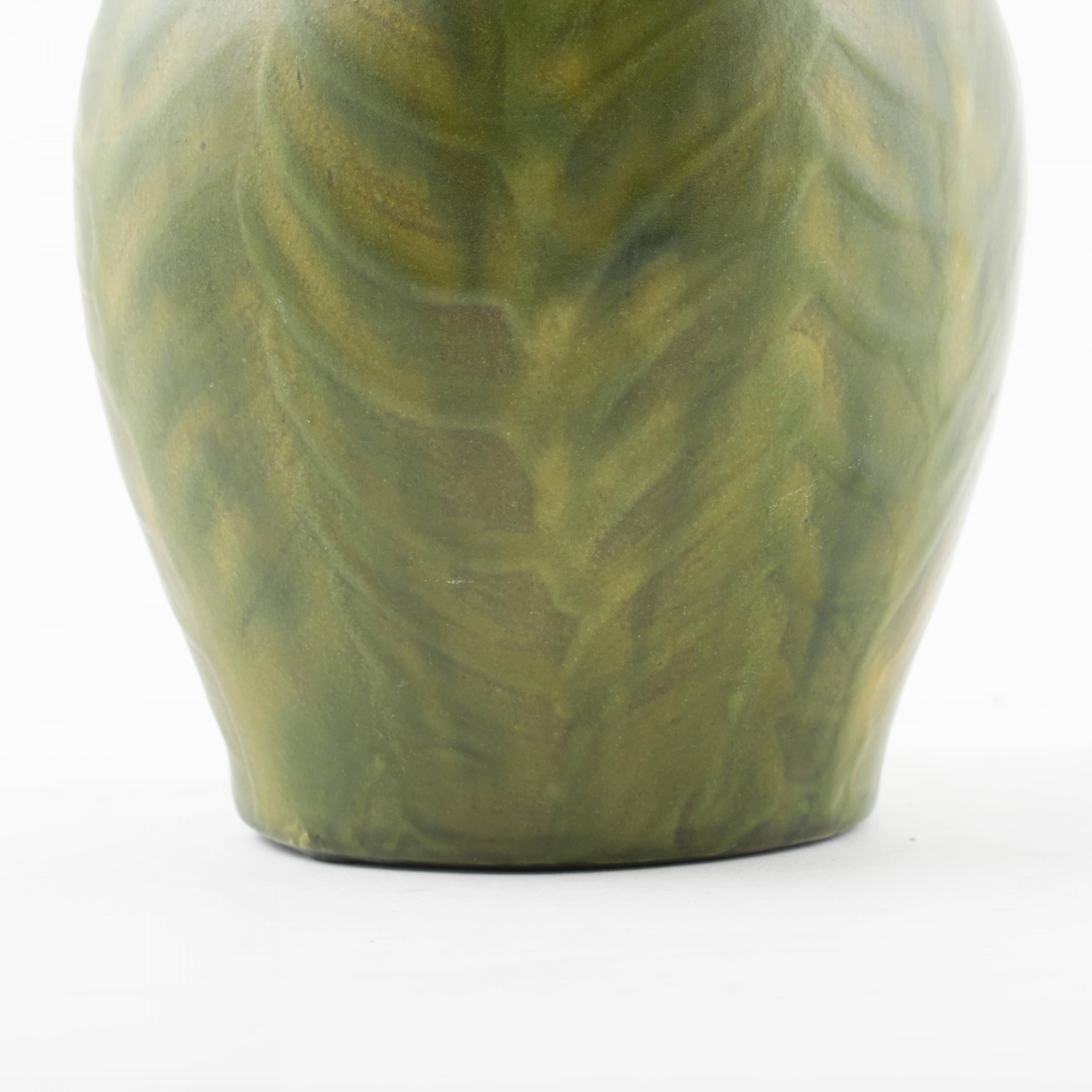 20th Century Kähler Vase Green Glazed with Leaves For Sale