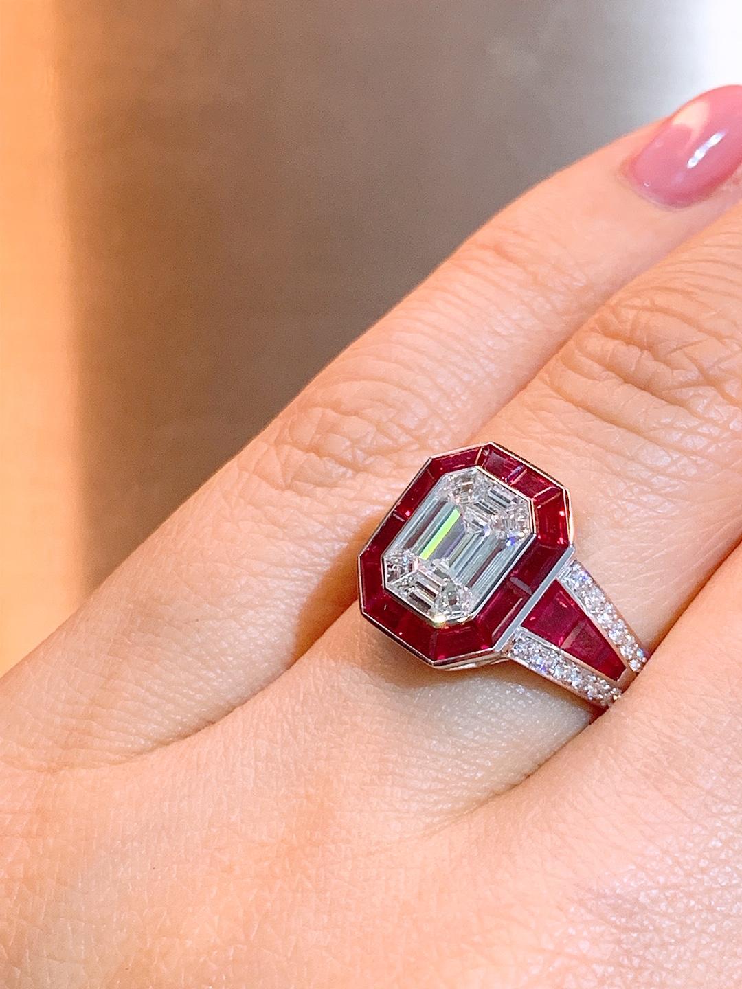 Women's 18 Karat Gold  Emerald Cut Diamond Ruby Ring  For Sale