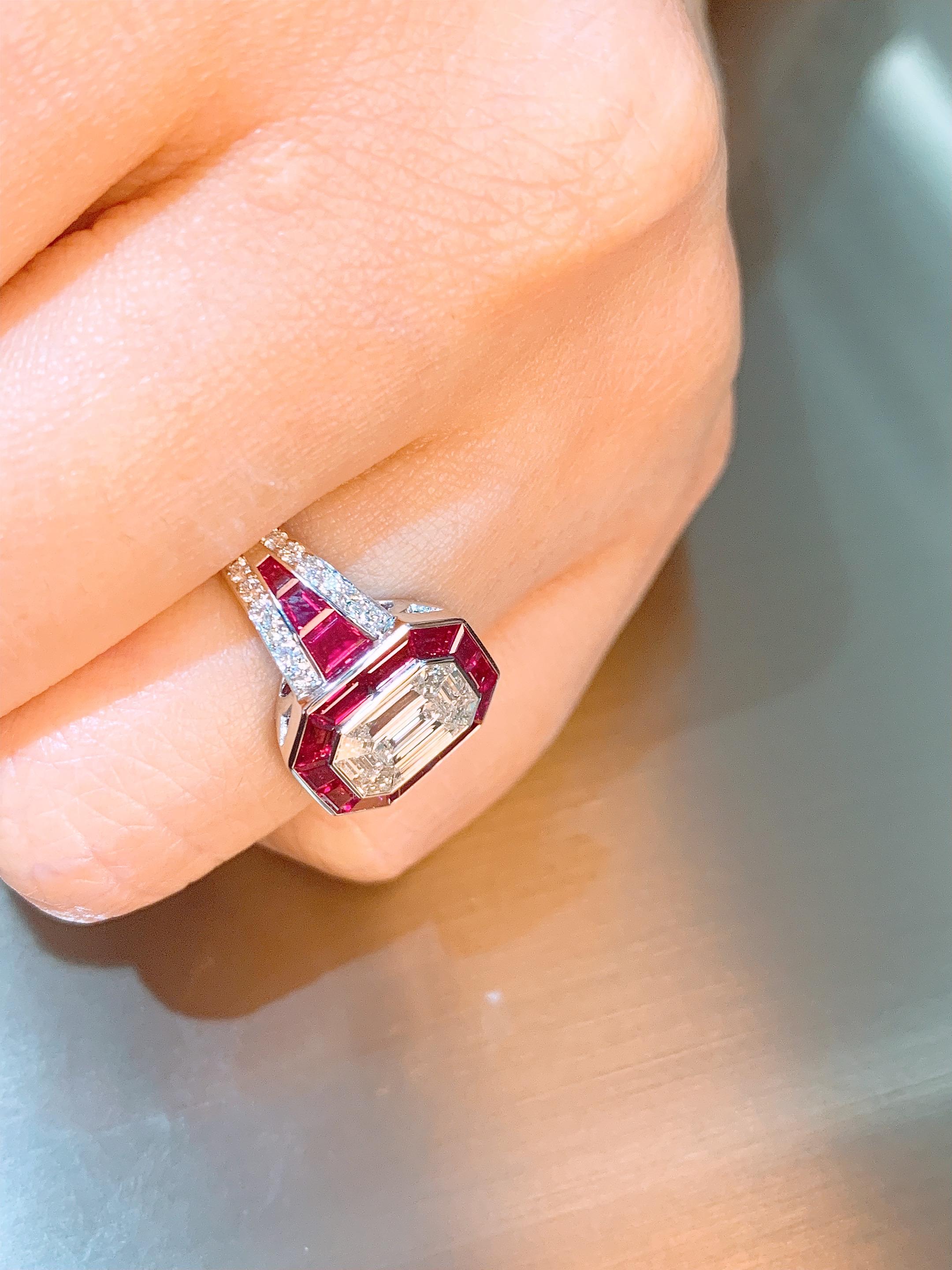 18 Karat Gold  Emerald Cut Diamond Ruby Ring  For Sale 1