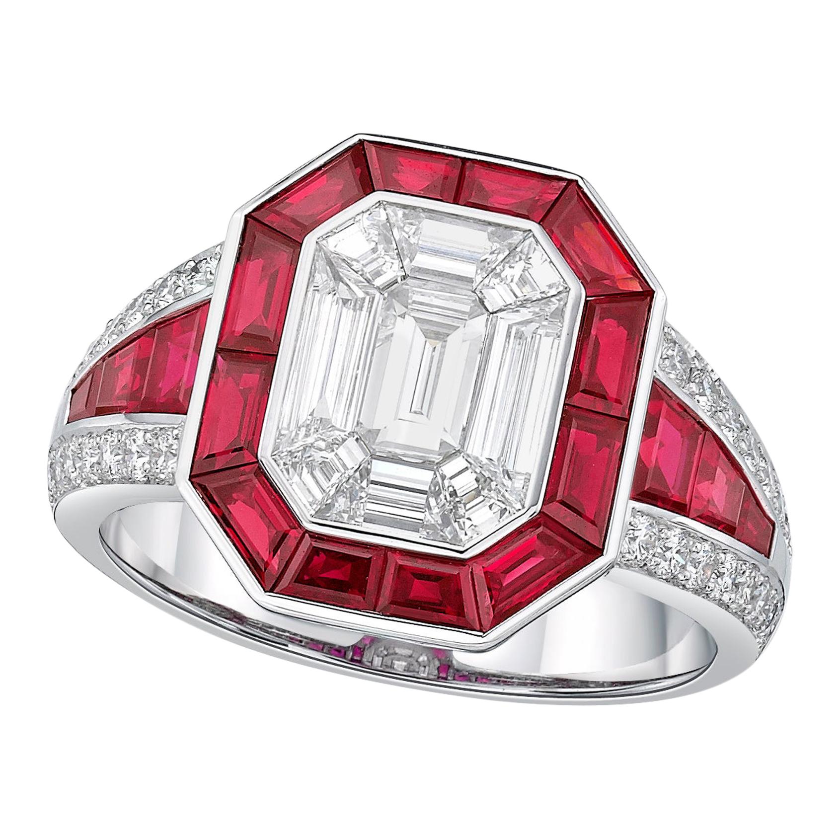 18 Karat Gold  Emerald Cut Diamond Ruby Ring  For Sale