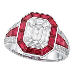 18 Karat Gold  Emerald Cut Diamond Ruby Ring