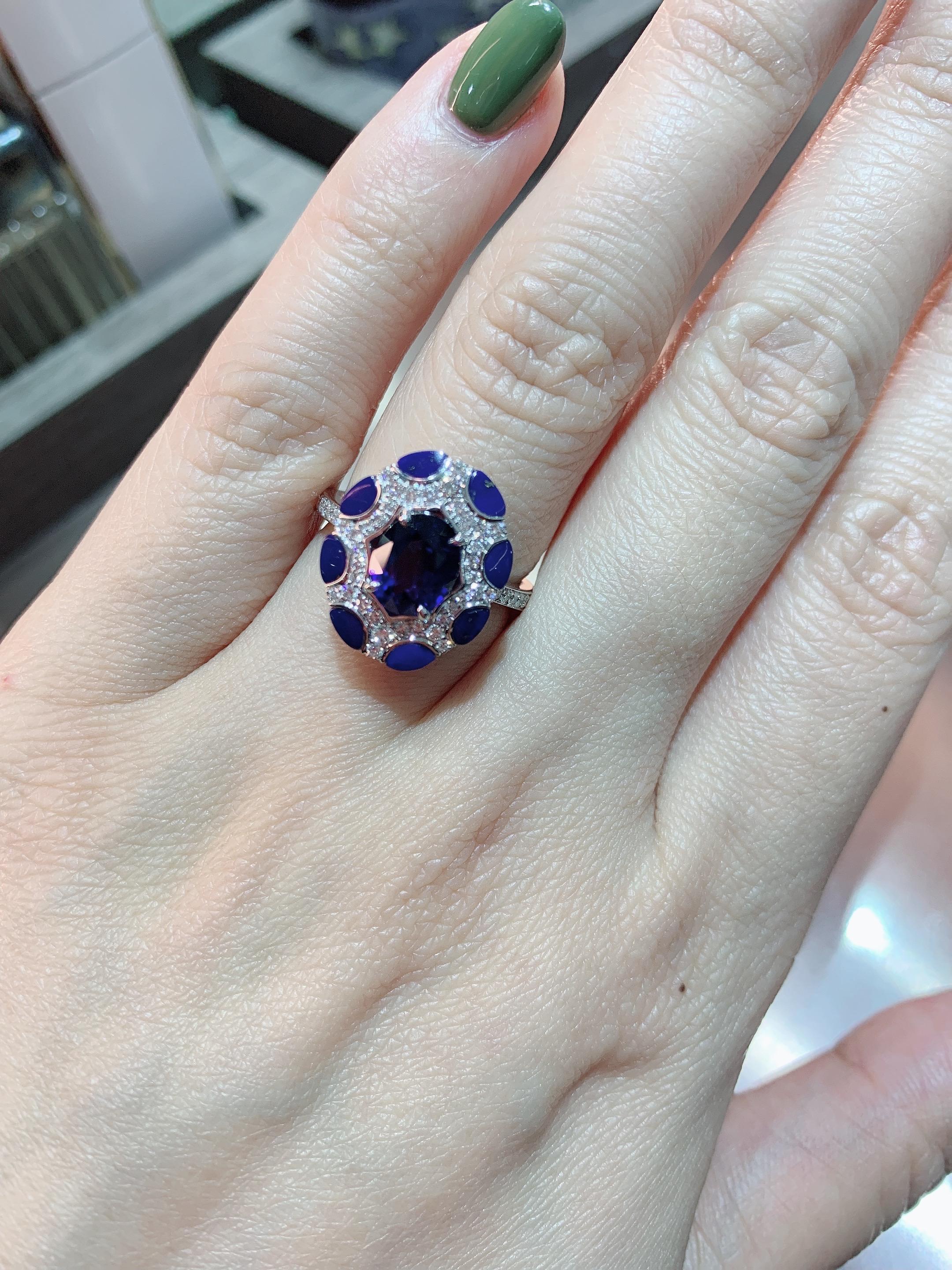 Women's 18 Karat White Gold Lapis Diamond1.84 Carat Blue Sapphire Ring For Sale