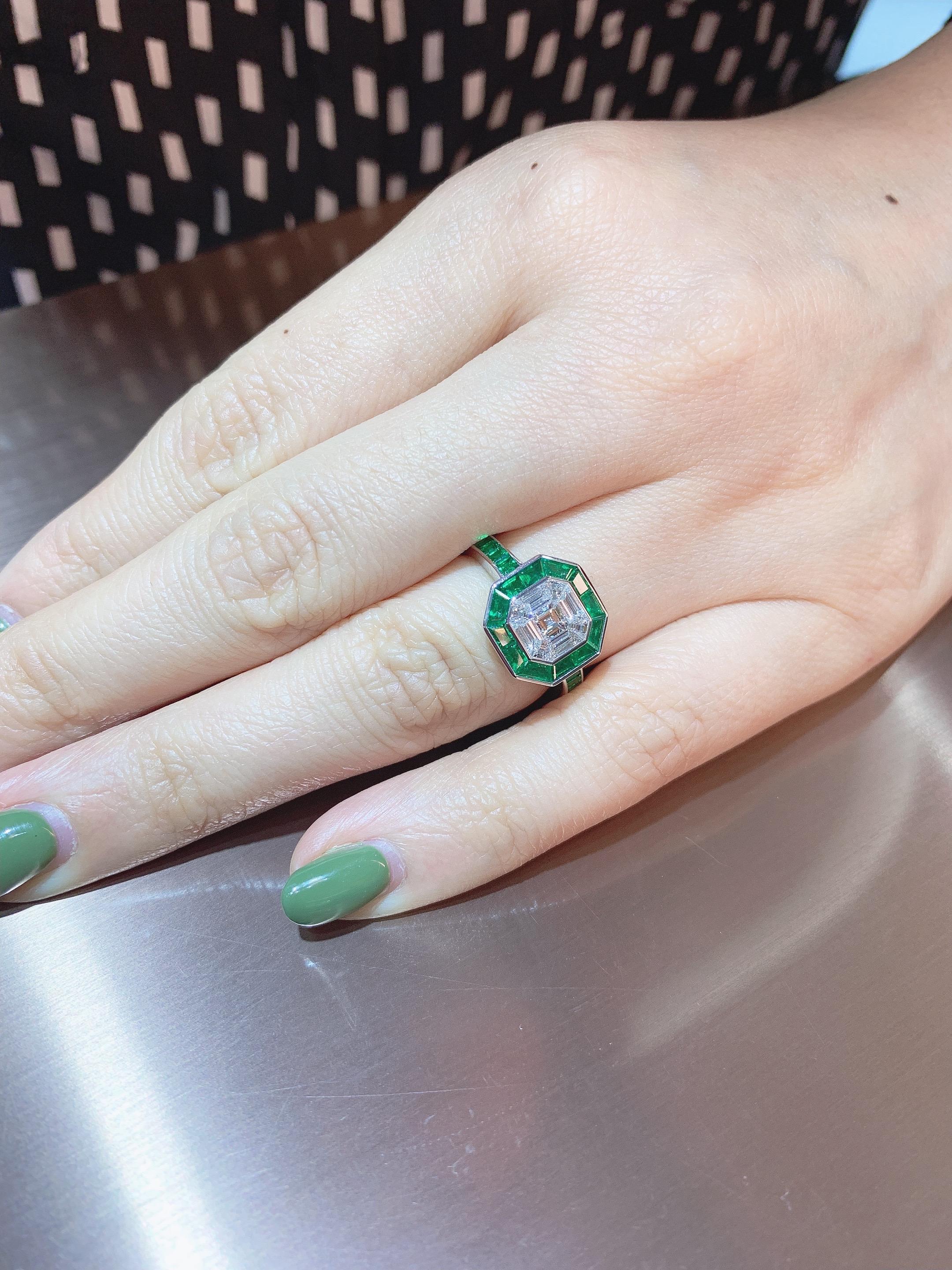 18 Karat Gold White Diamond Ring with Emerald Halo For Sale 3