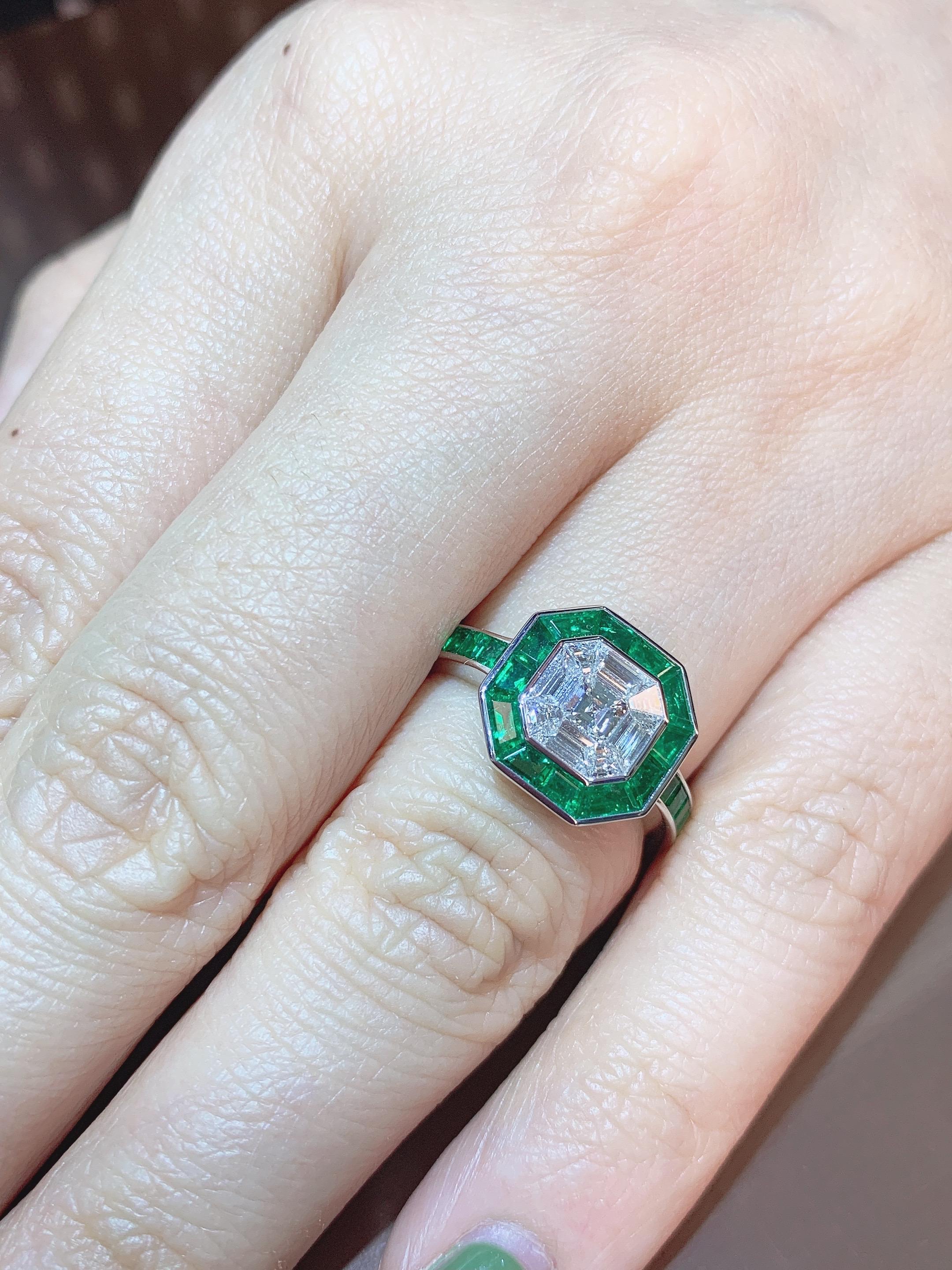 18 Karat Gold White Diamond Ring with Emerald Halo For Sale 2