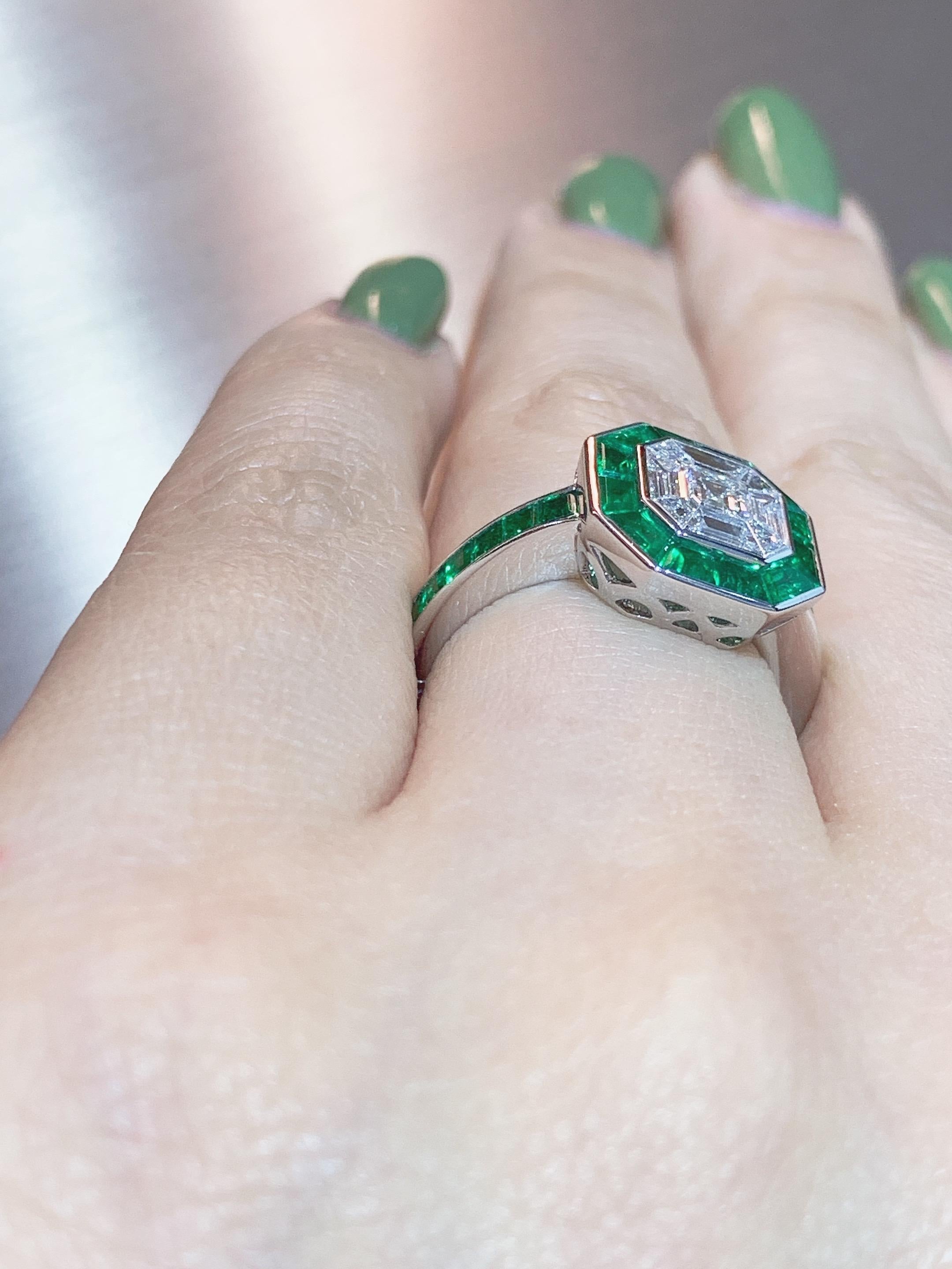 18 Karat Gold White Diamond Ring with Emerald Halo For Sale 1