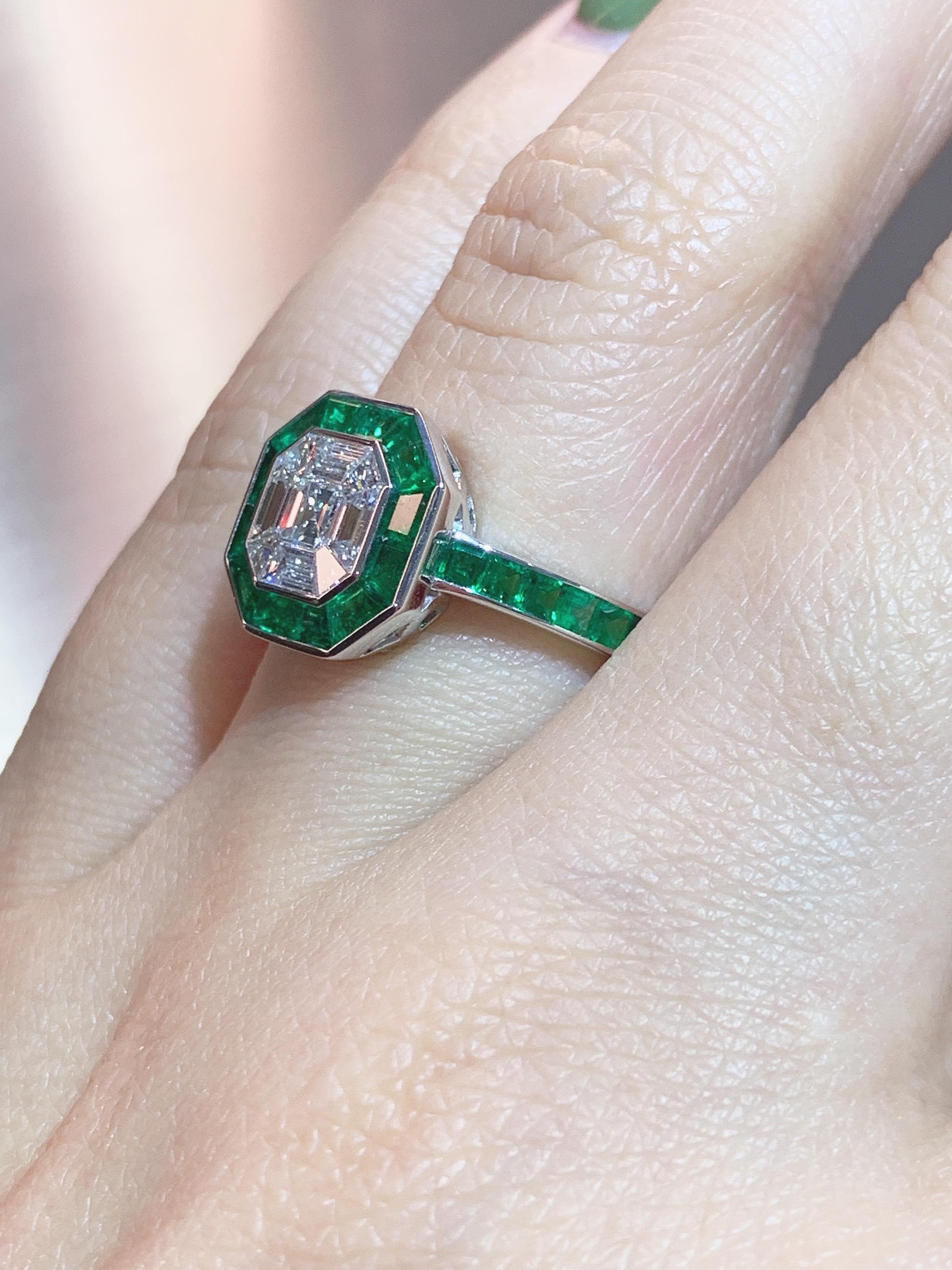 Women's 18 Karat Gold White Diamond Ring with Emerald Halo For Sale
