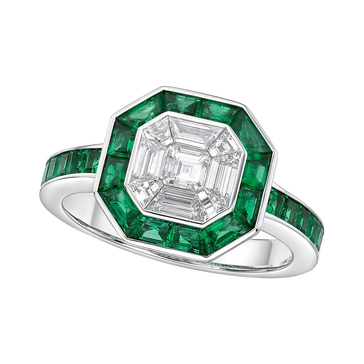 18 Karat Gold White Diamond Ring with Emerald Halo For Sale