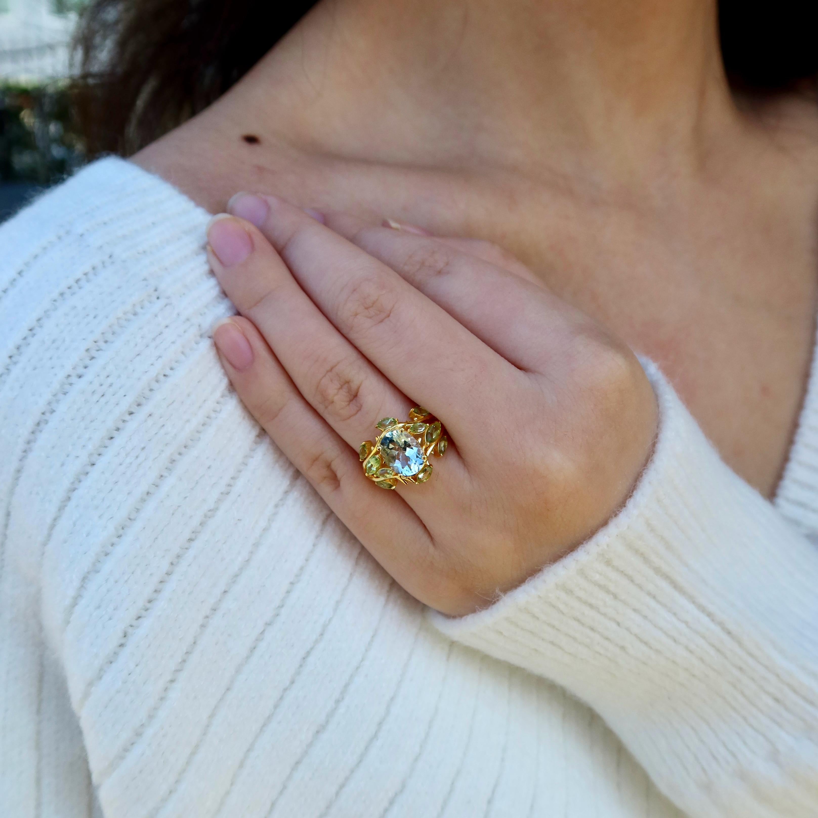 Kai 2.60ctw Aquamarin Peridot Olivenblätter Cocktail Ring (Moderne) im Angebot