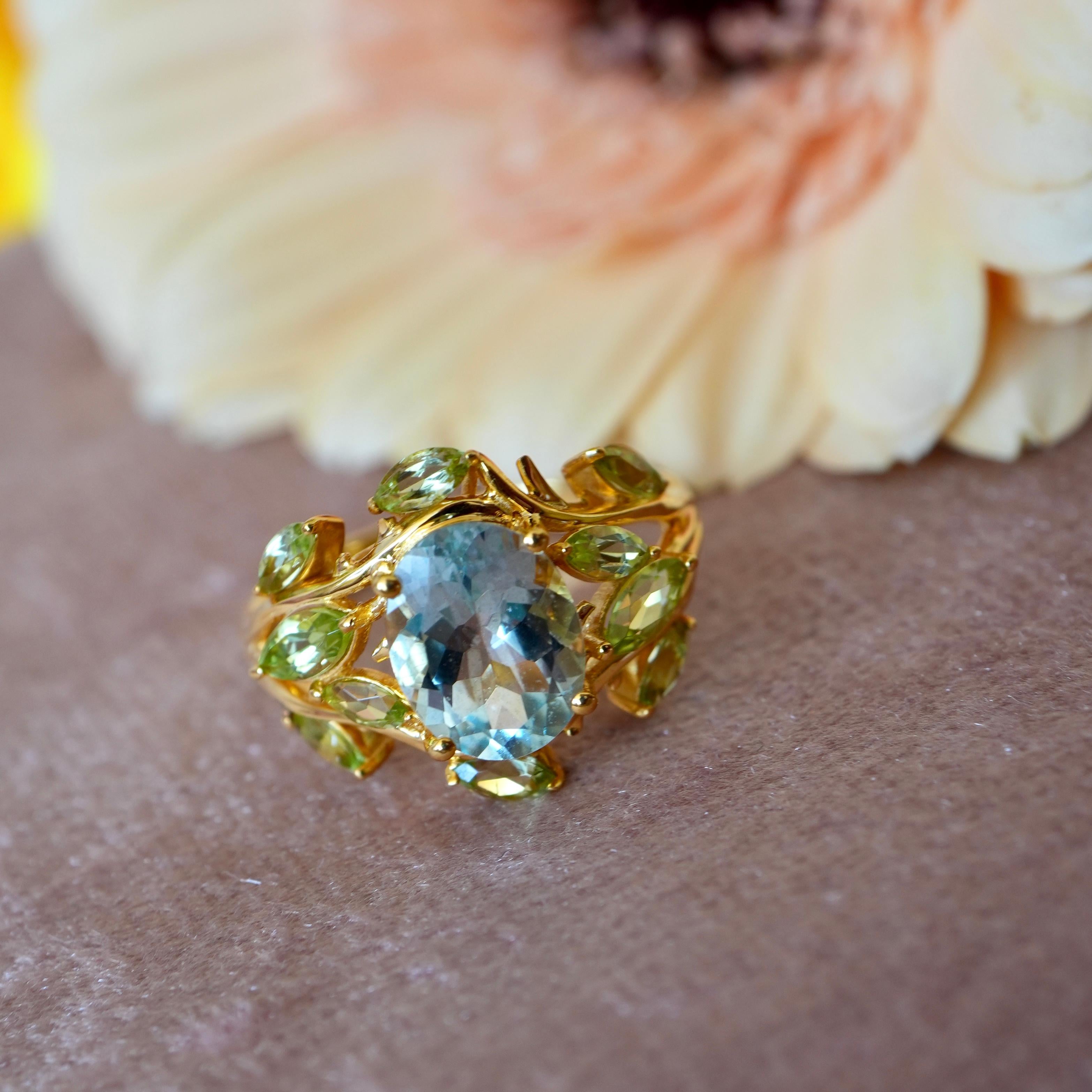 Kai 2.60ctw Aquamarin Peridot Olivenblätter Cocktail Ring (Brillantschliff) im Angebot