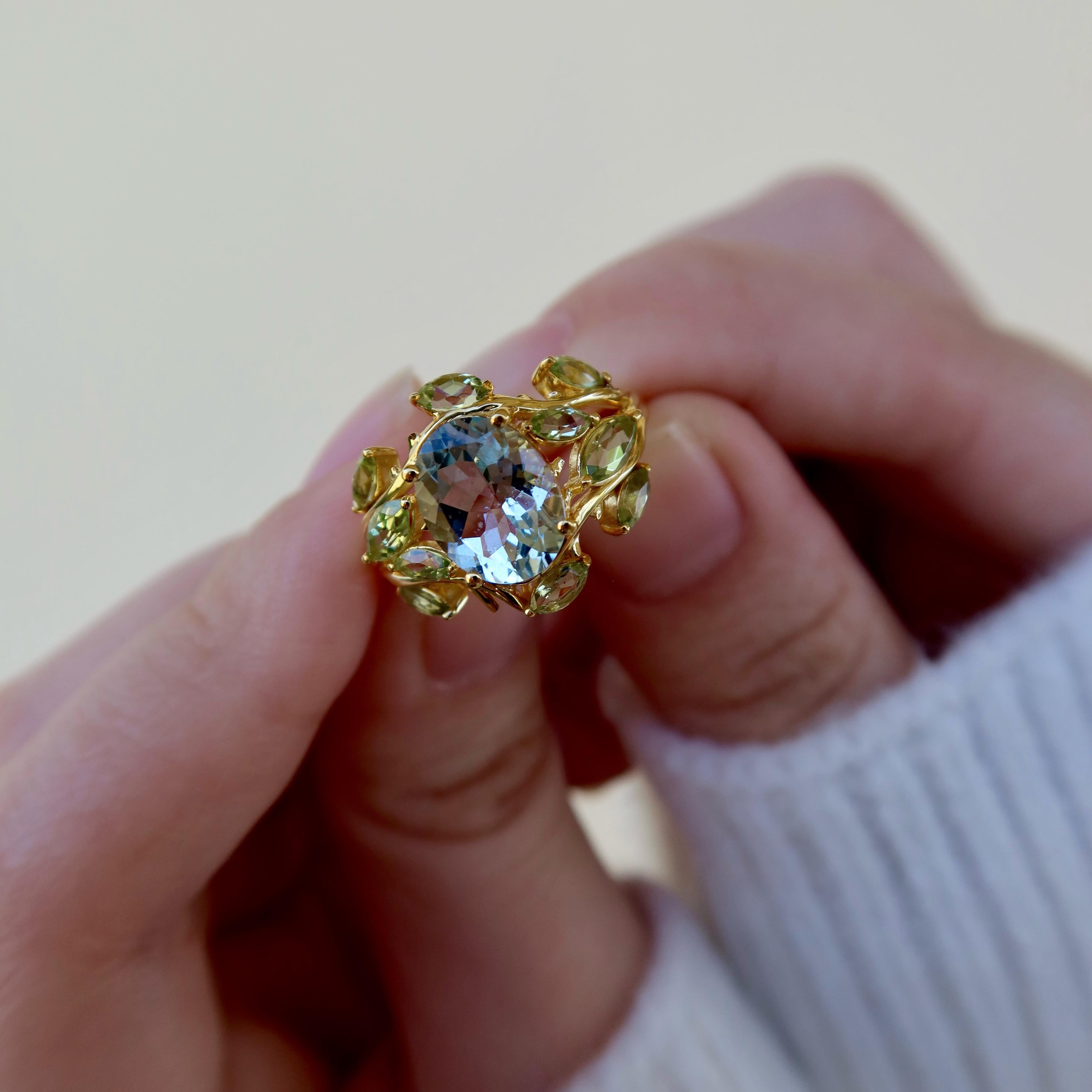 Kai 2.60ctw Aquamarin Peridot Olivenblätter Cocktail Ring im Zustand „Neu“ im Angebot in Rowland Heights, CA