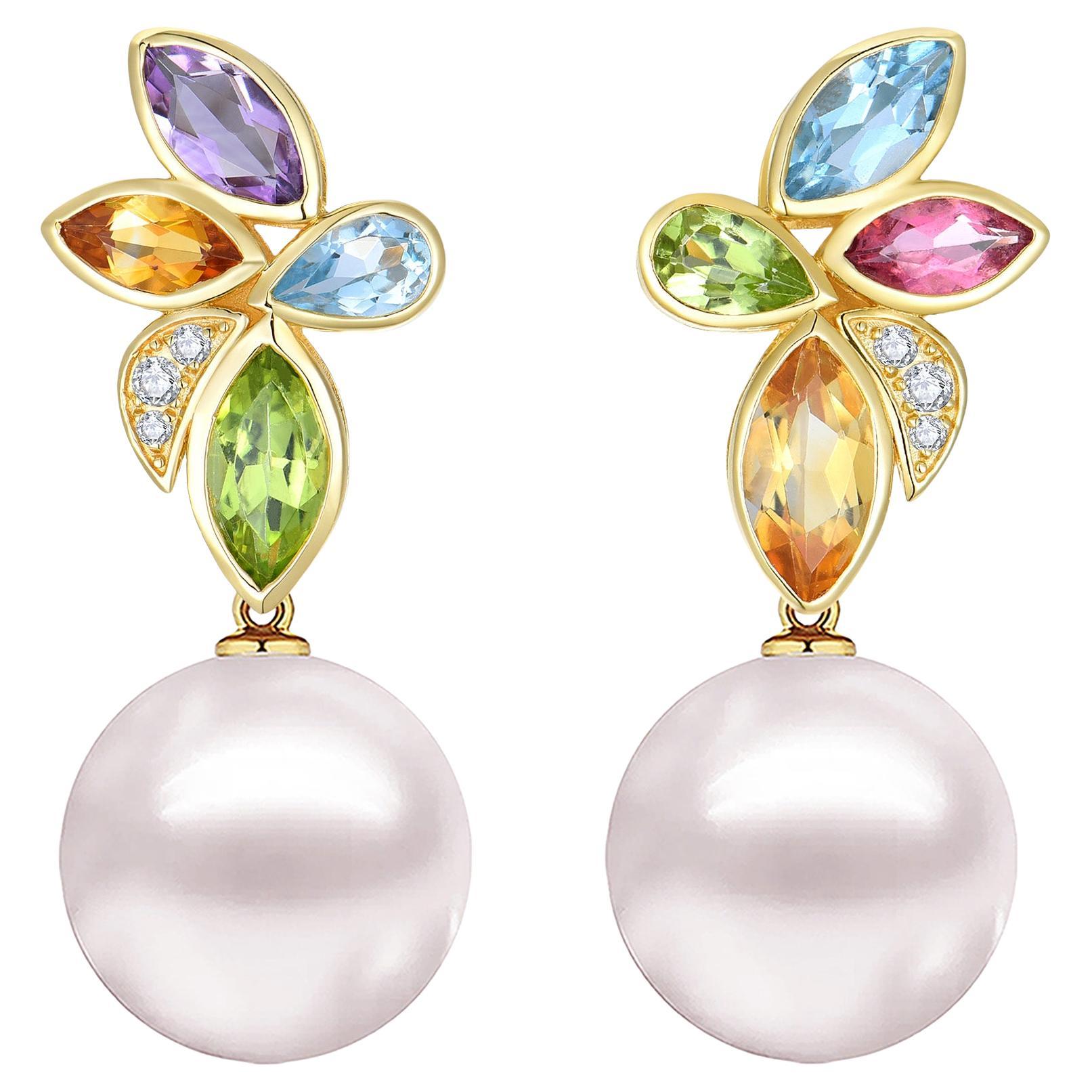 Kai 2,88ctw Multi Edelstein & Daimond Perle Cabrio Ohrringe