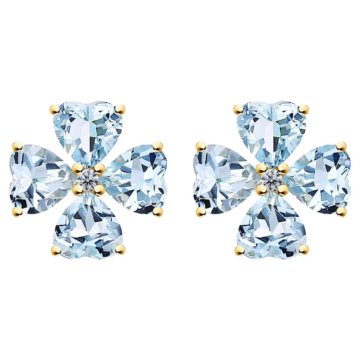 Kai 3.83ctw Heart Aquamarine Diamond Clover Earrings in 14K Solid Gold