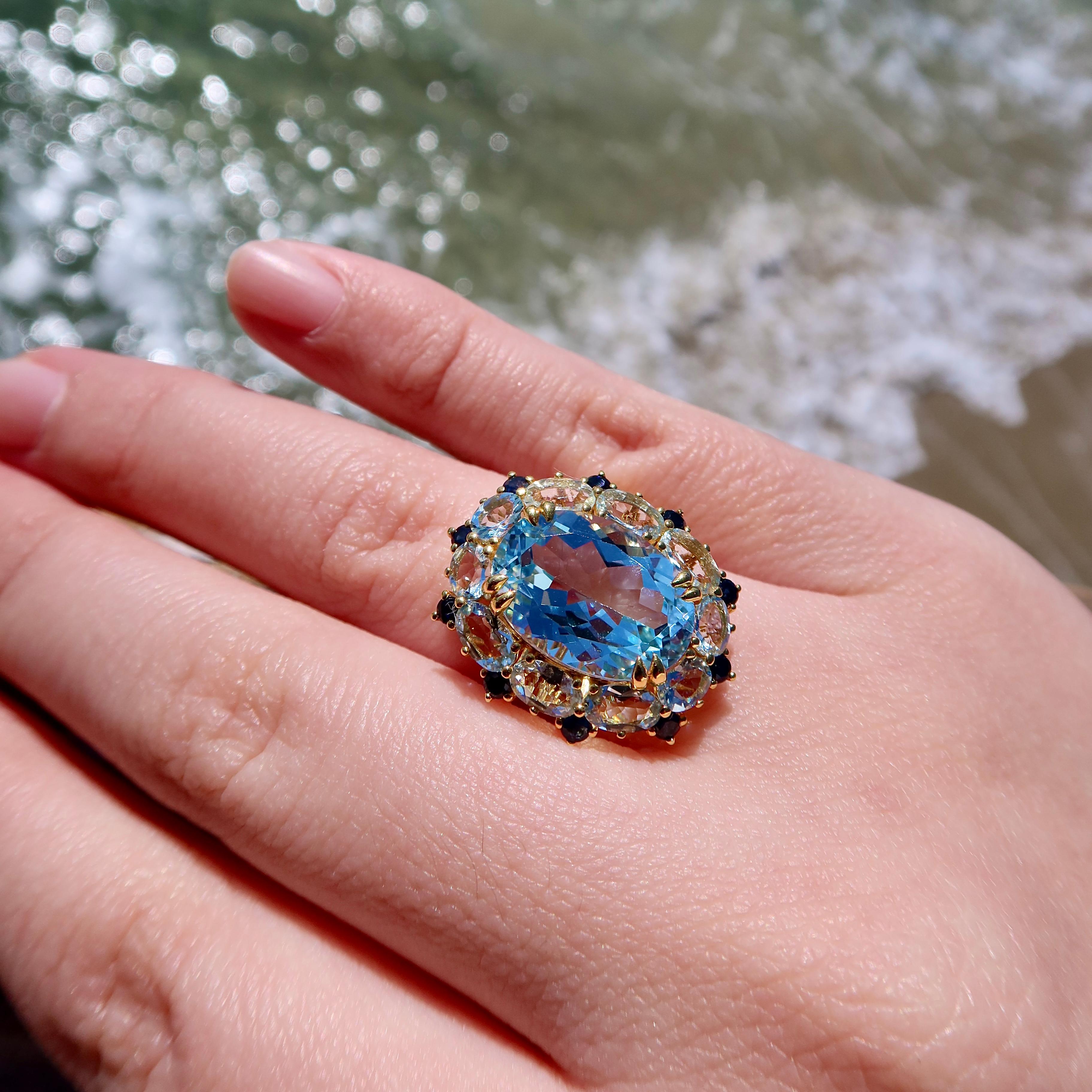 Modern Kai 7.20ct Blue Topaz Aquamarine Sapphire Cluster Cocktail Ring For Sale