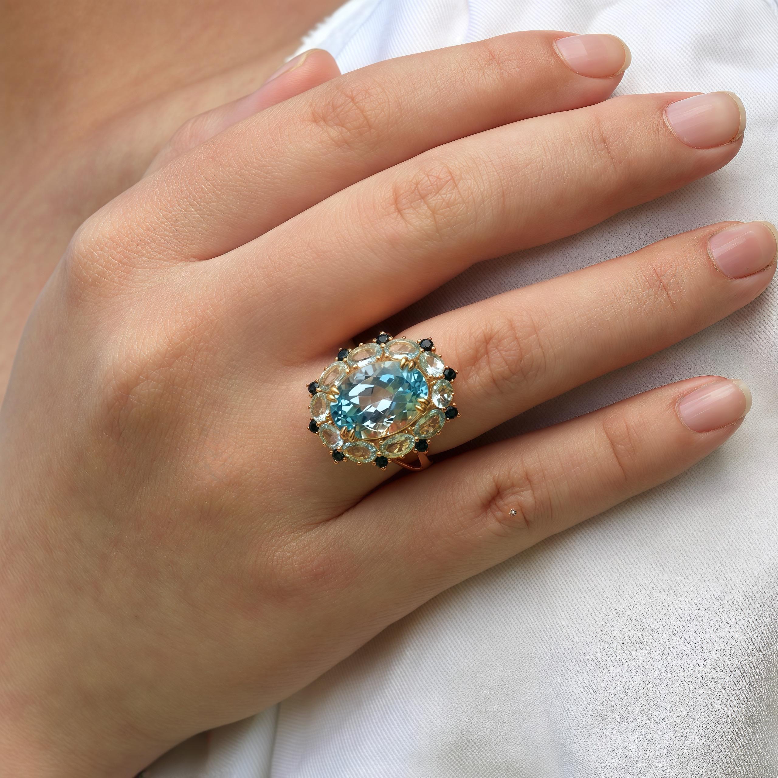 Brilliant Cut Kai 7.20ct Blue Topaz Aquamarine Sapphire Cluster Cocktail Ring