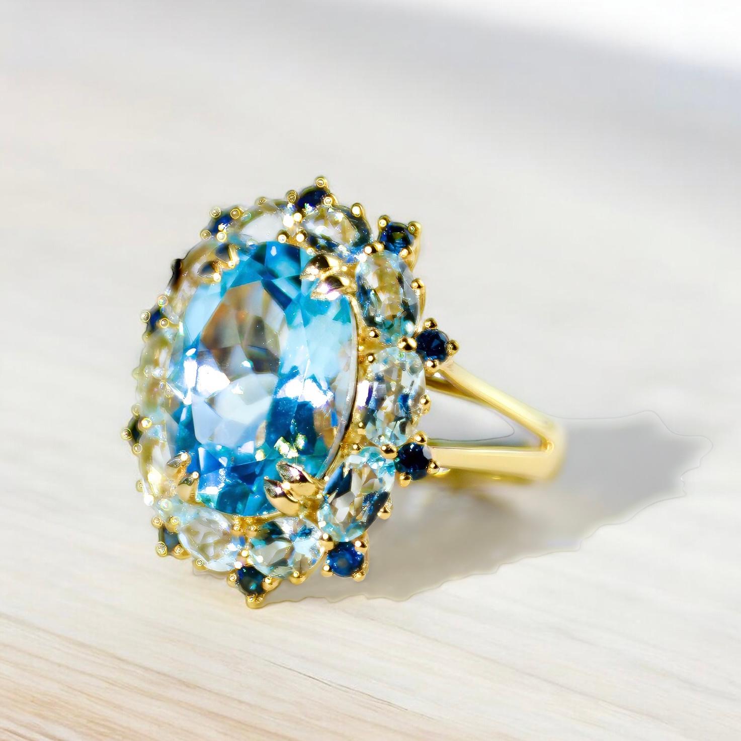 Kai 7.20ct Blue Topaz Aquamarine Sapphire Cluster Cocktail Ring For Sale 2