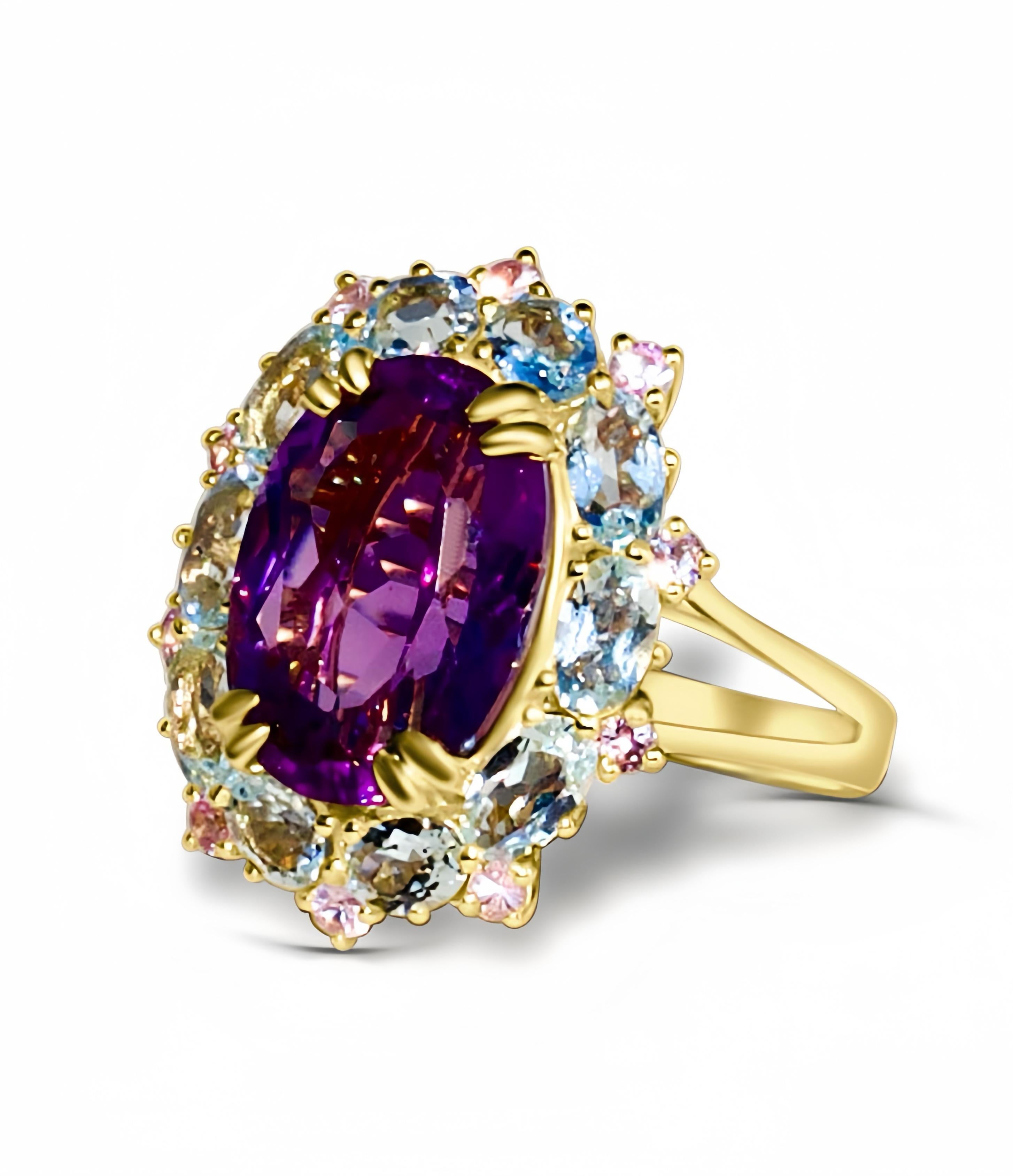 Discover Kai's Purple Amethyst Aquamarine Pink Sapphire Cluster Cocktail Ring in 14k yellow gold, a dazzling work of art that combines the elegance of amethyst, the serenity of aquamarine, and the allure of pink sapphires in one exquisite piece. The