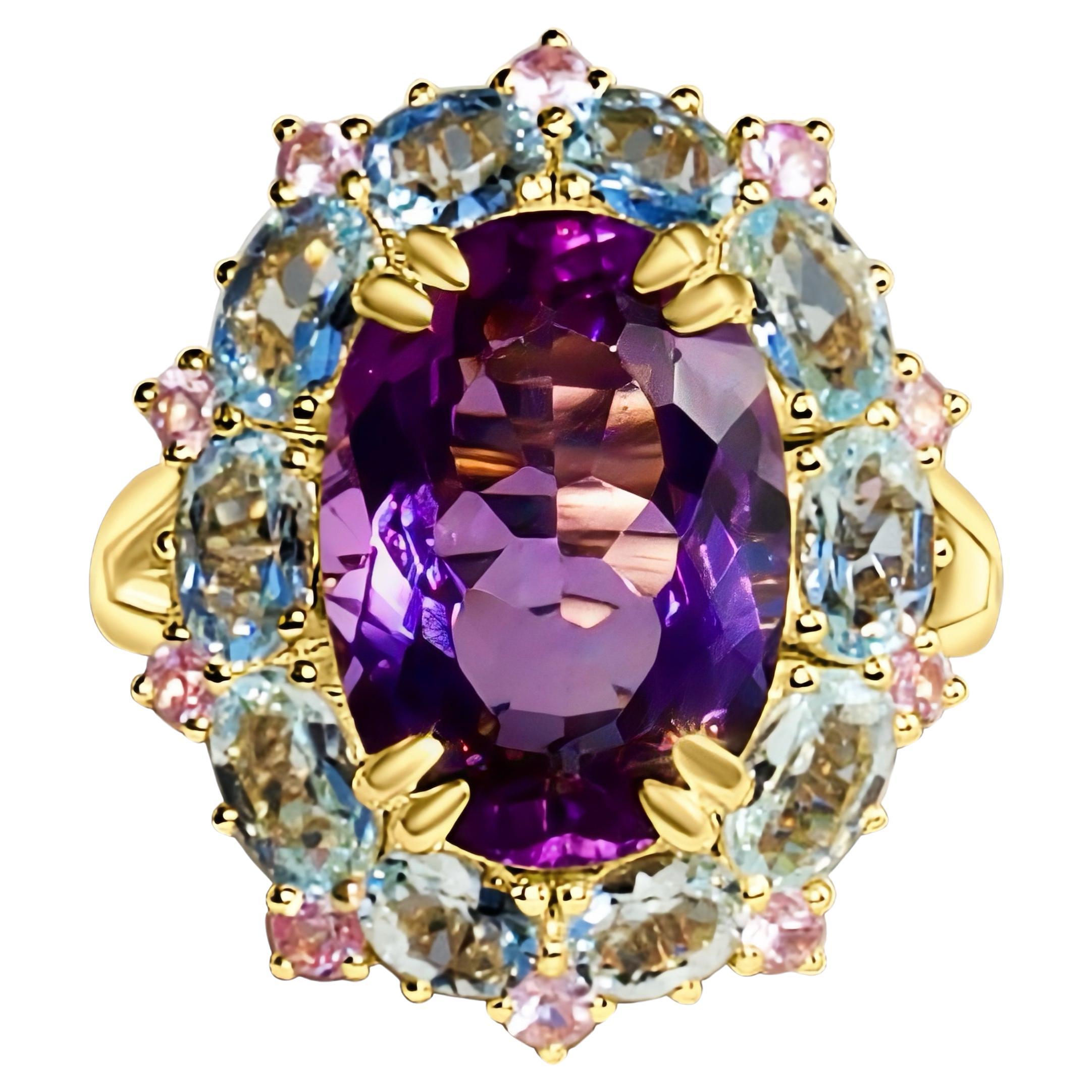 Kai Purple Amethyst Aquamarine Pink Sapphire Cluster Cocktail Ring For Sale