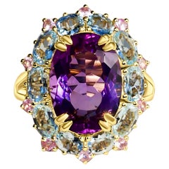 Retro Kai Purple Amethyst Aquamarine Pink Sapphire Cluster Cocktail Ring