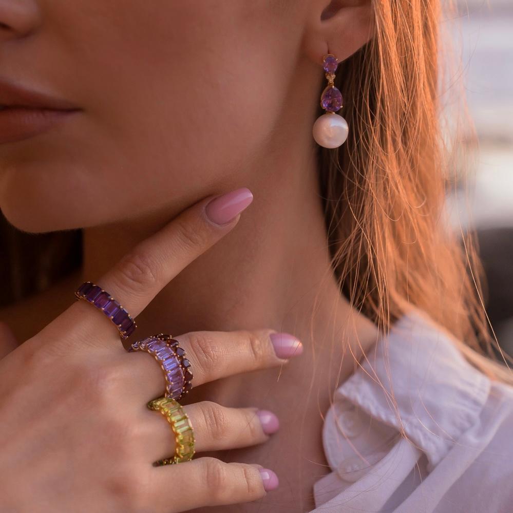 Arts and Crafts Kai Purple Amethyst Diamond Baroque Pearl Convertible Drop Earrings