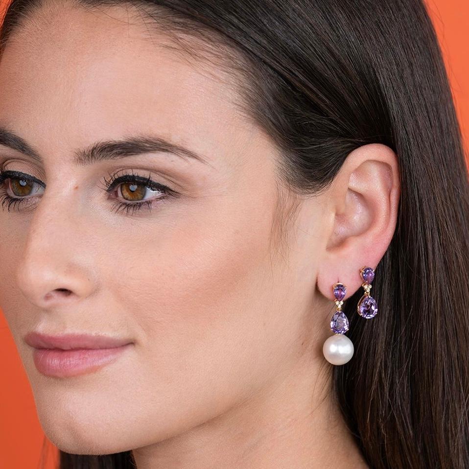 Kai Purple Amethyst Diamond Baroque Pearl Convertible Drop Earrings For Sale 1