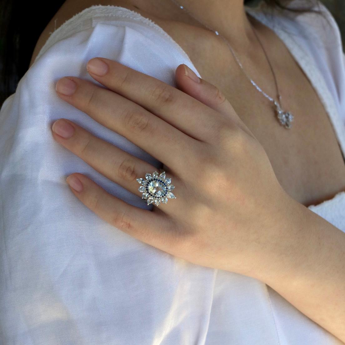 Oval Cut Kai Aquamarine Sapphire Cocktail Ring in 14K White Gold For Sale