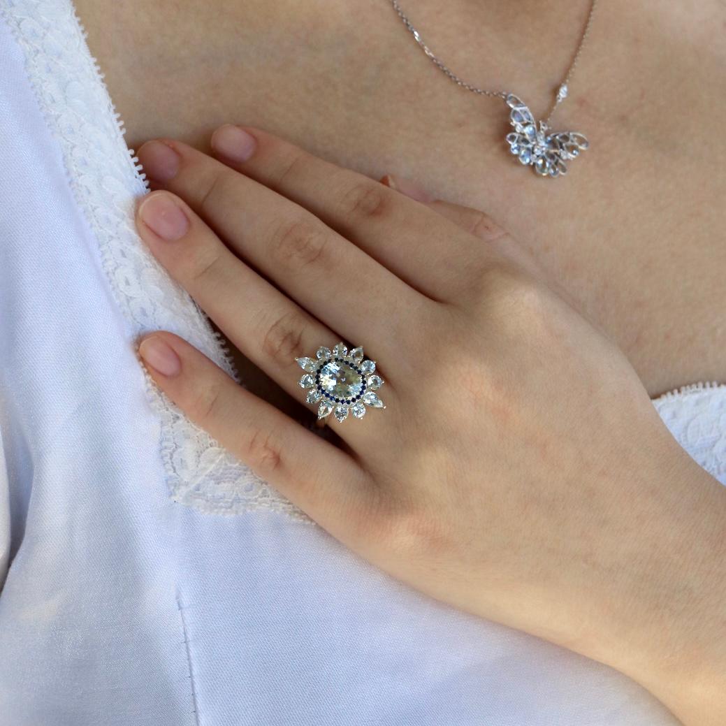 Women's Kai Aquamarine Sapphire Cocktail Ring in 14K White Gold For Sale