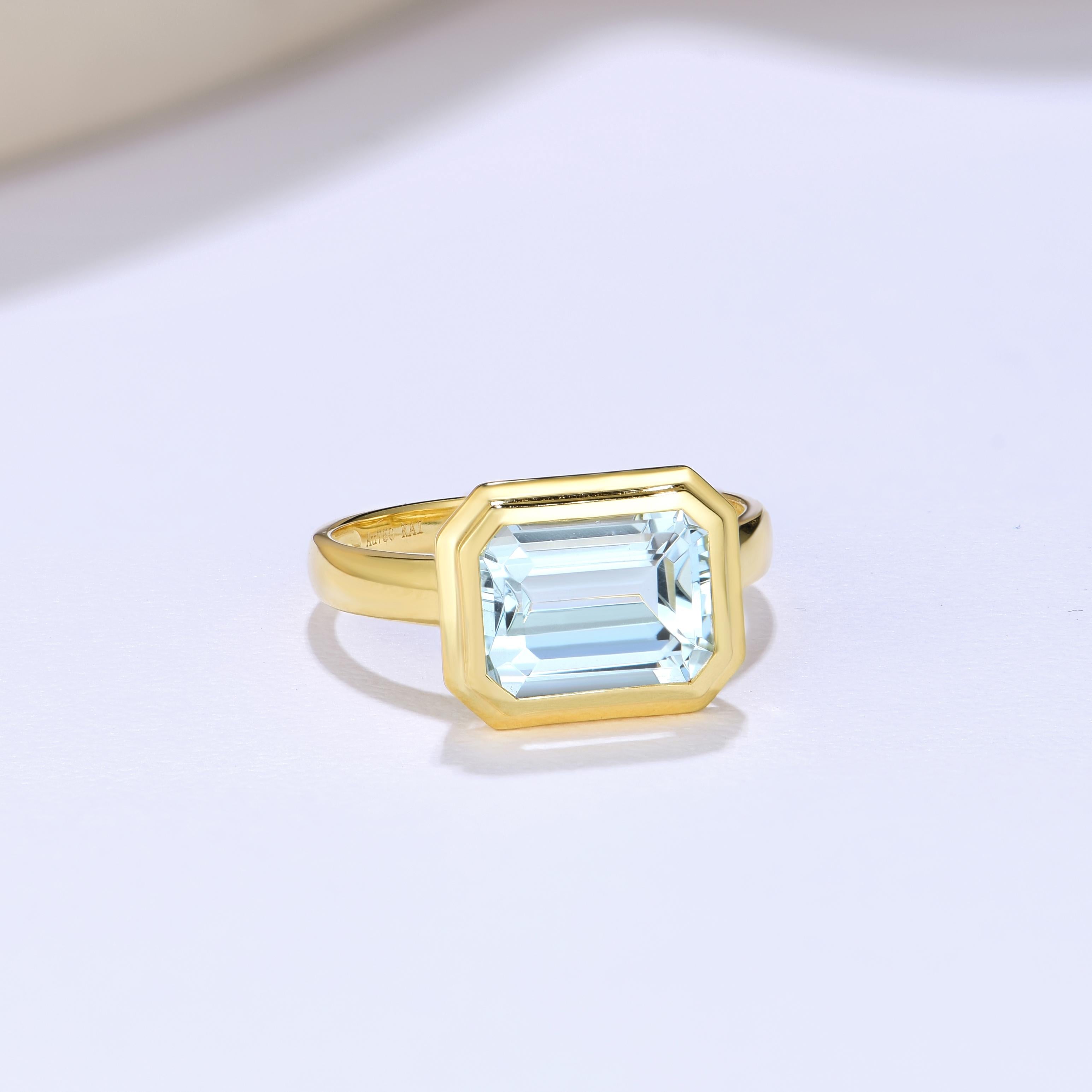 Emerald Cut Kai Bella East-West 2.2 ctw Emerald-Cut Aquamarine Ring For Sale